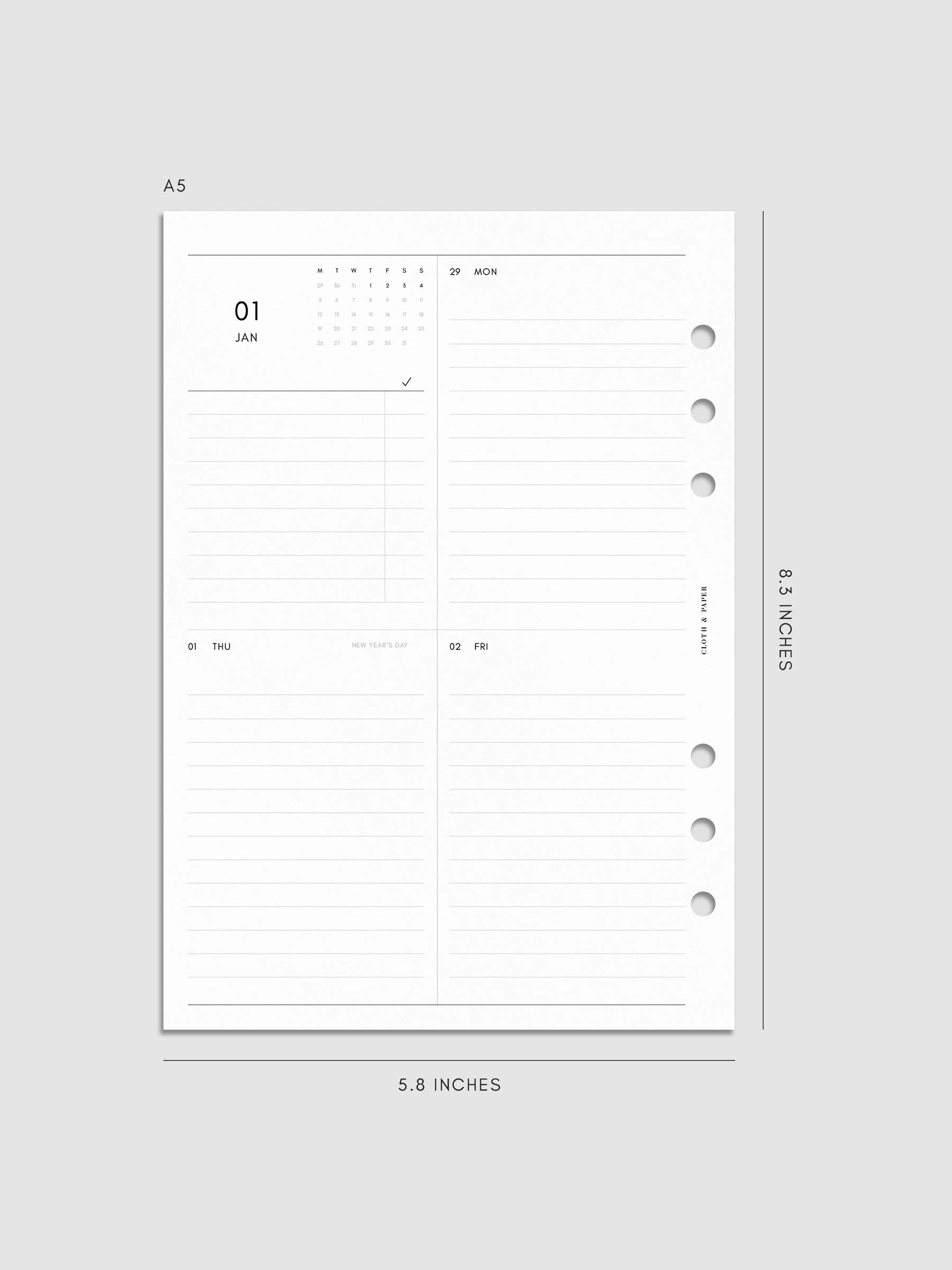 Digital mockup of insert in A5. Weekly layout shown.