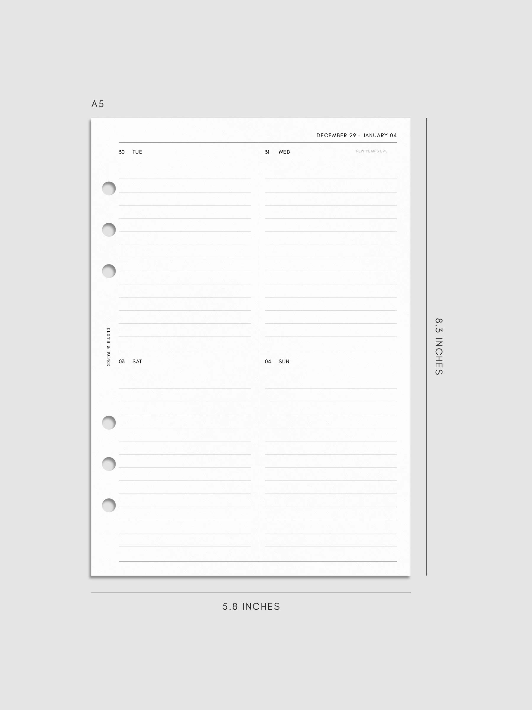 Digital mockup of insert in A5. Weekly layout shown.