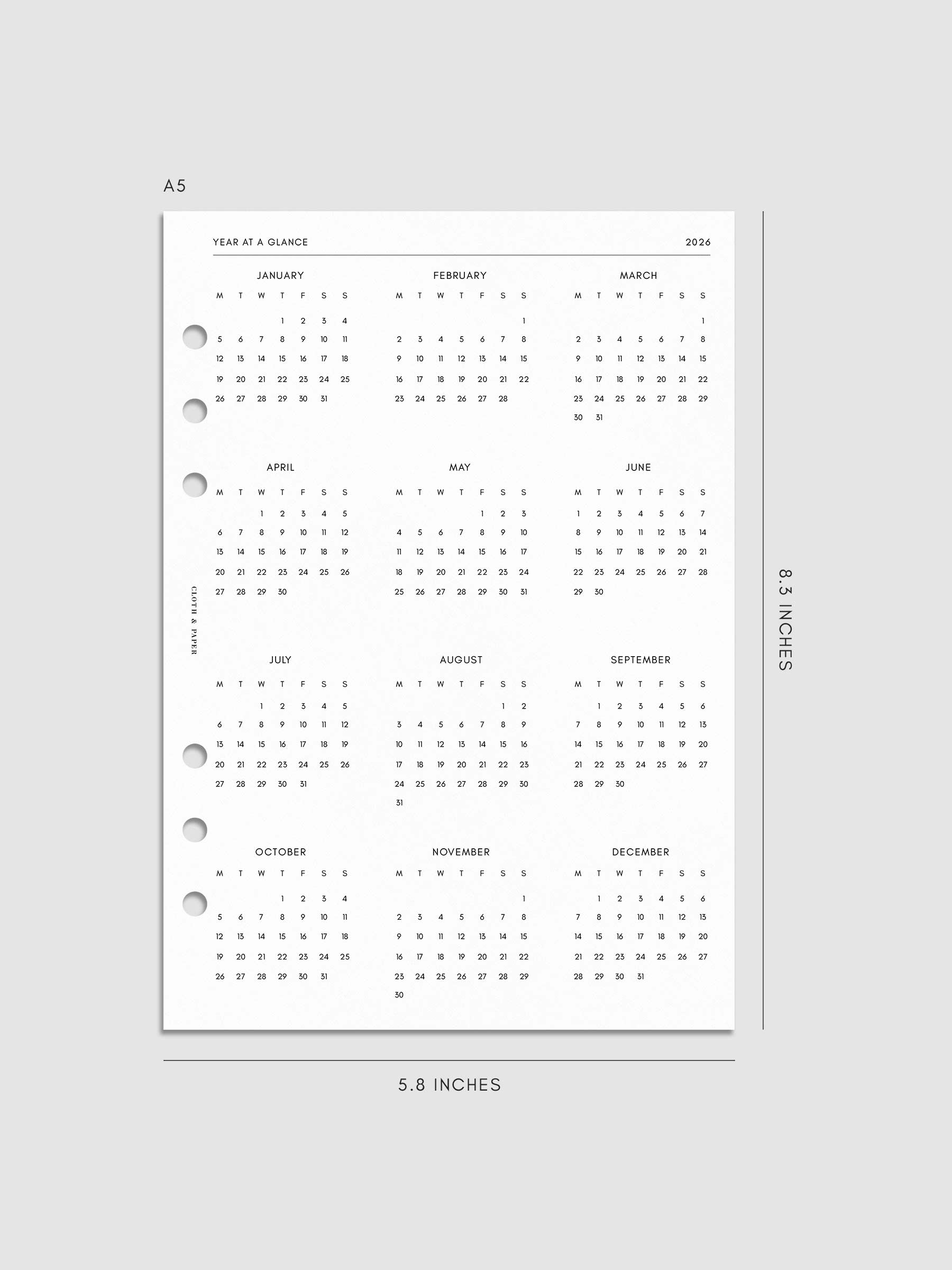 Digital mockup of insert in A5. Year overview page shown.