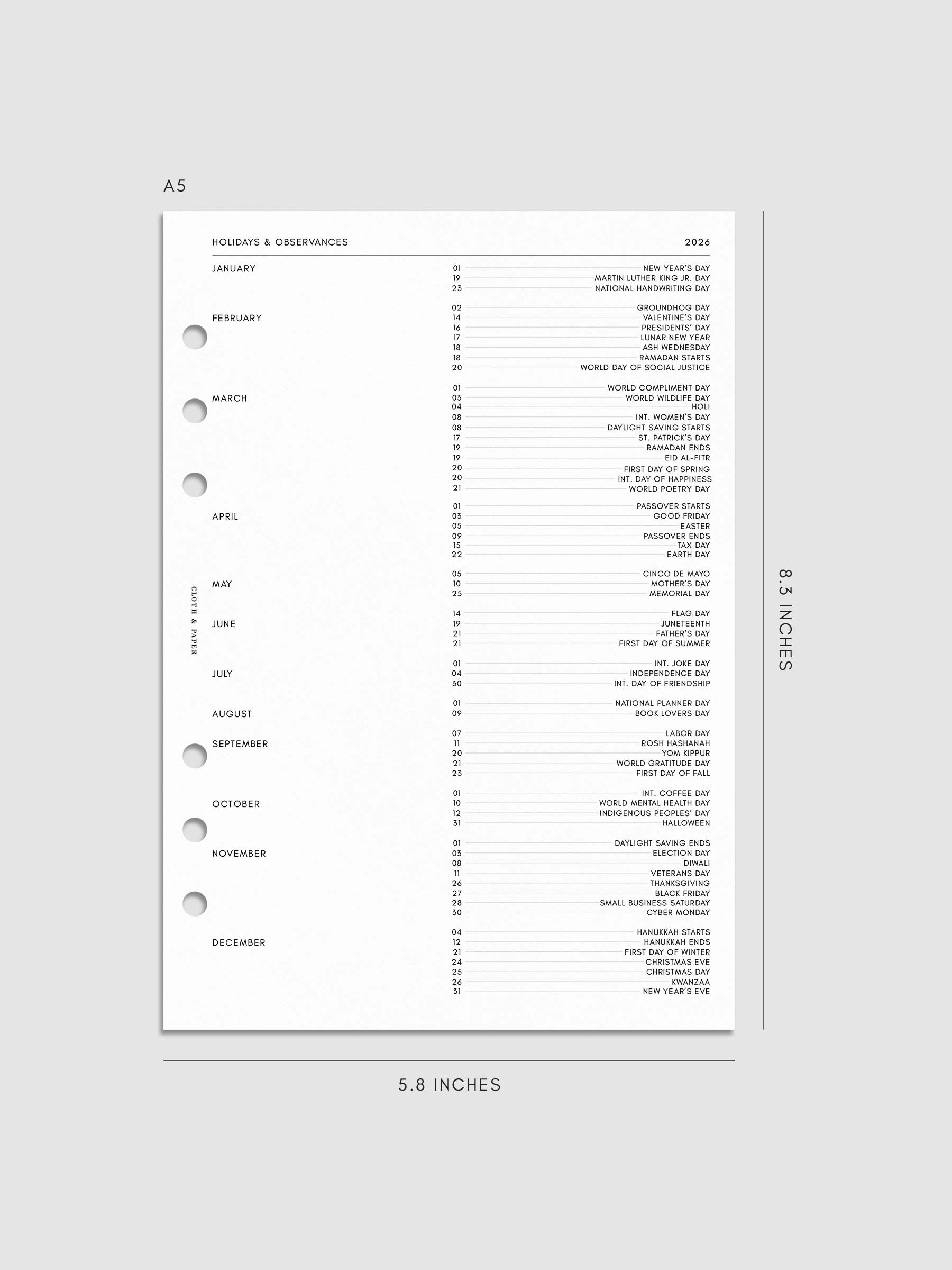 Digital mockup of insert in A5. Holidays and observances page shown.