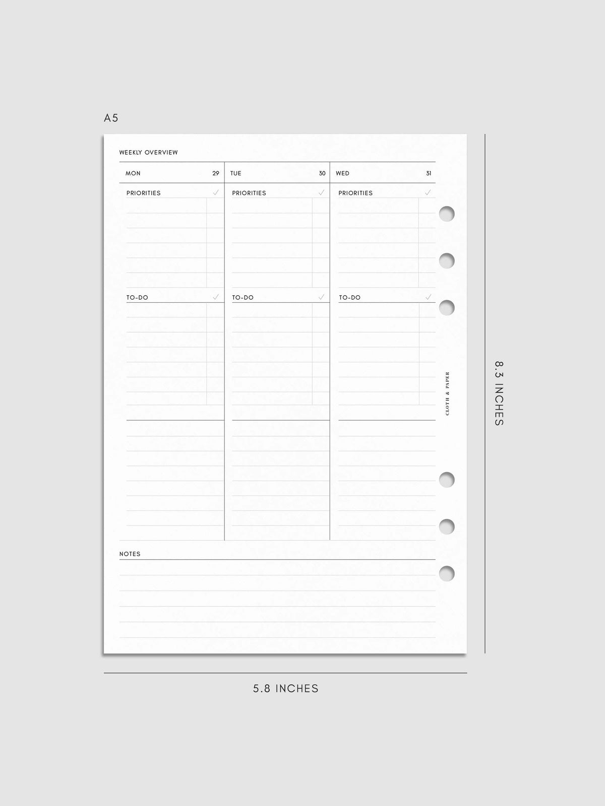 2026 Dated Weekly Task Planner Insert | Monday Start | Cloth & Paper