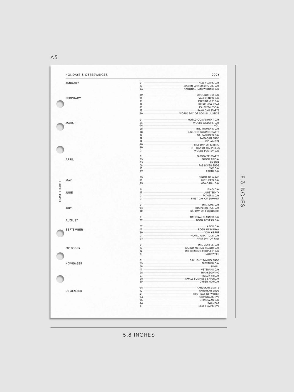 2026 Dated Weekly Task Planner Insert | Monday Start | Cloth & Paper