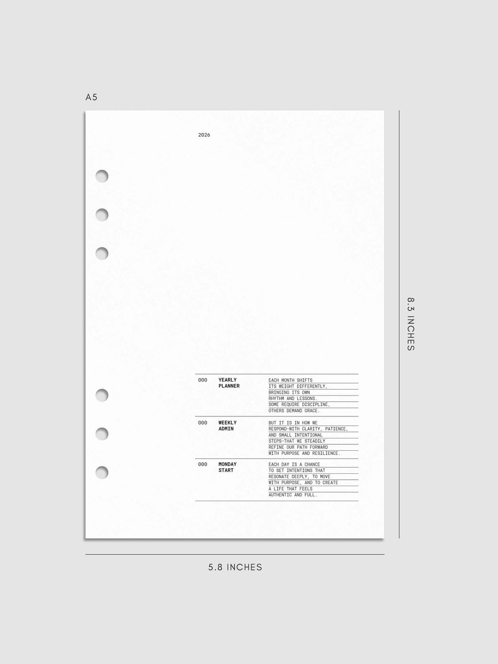 2026 Dated Weekly Admin Planner Insert | Monday Start | Cloth & Paper