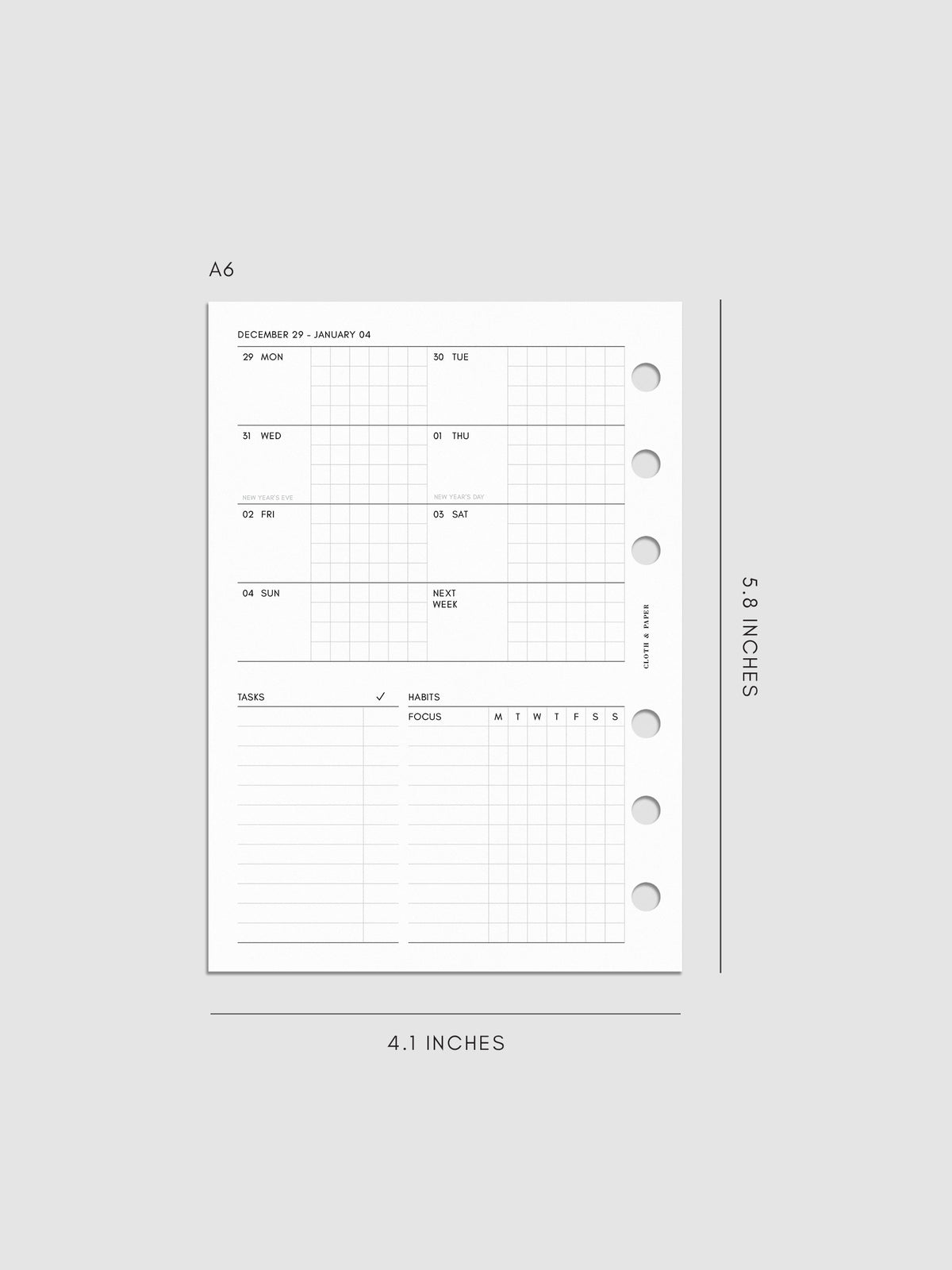 2026 Dated Weekly Admin Planner Insert | Monday Start | Cloth & Paper