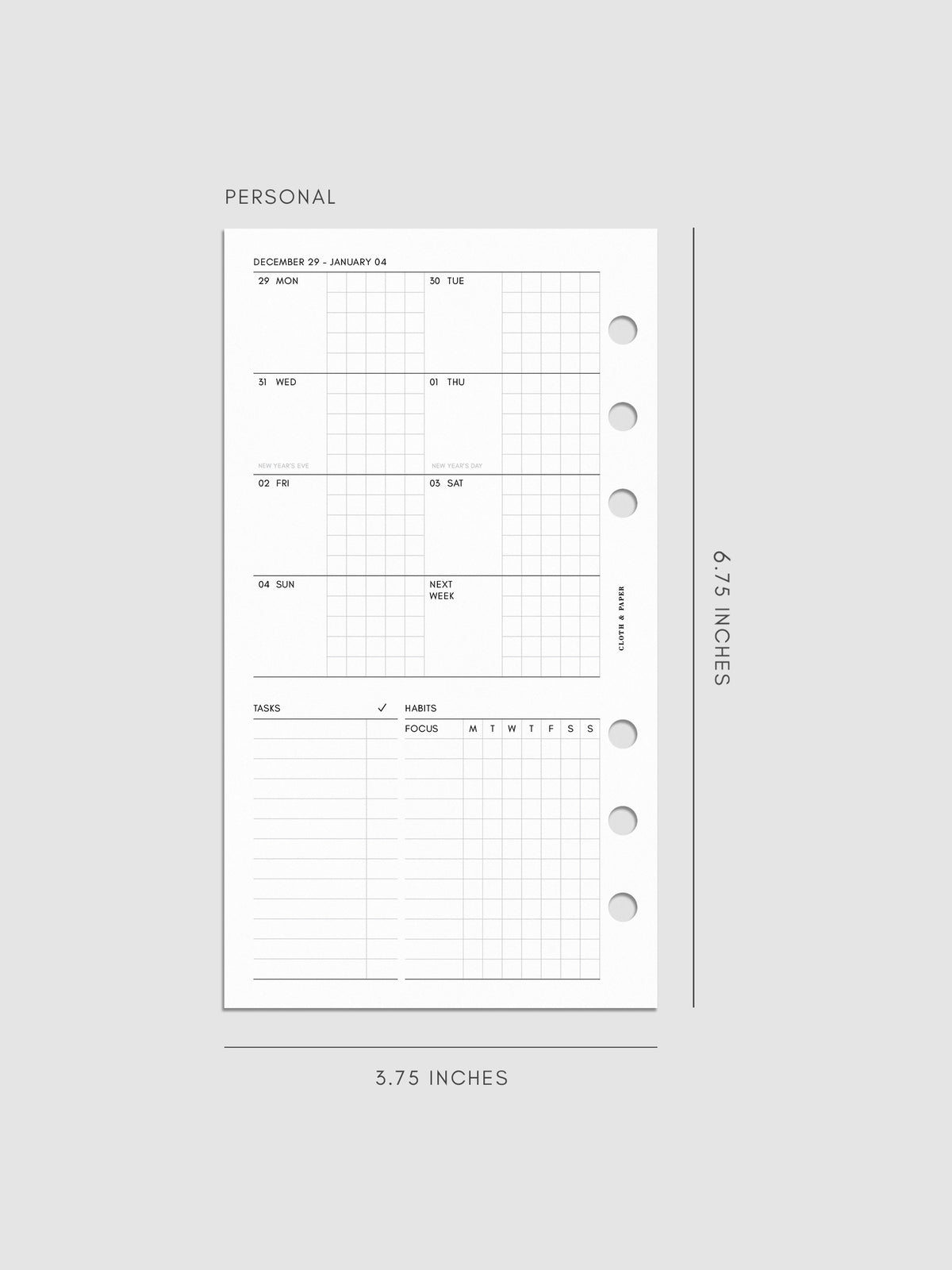 2026 Dated Weekly Admin Planner Insert | Monday Start | Cloth & Paper