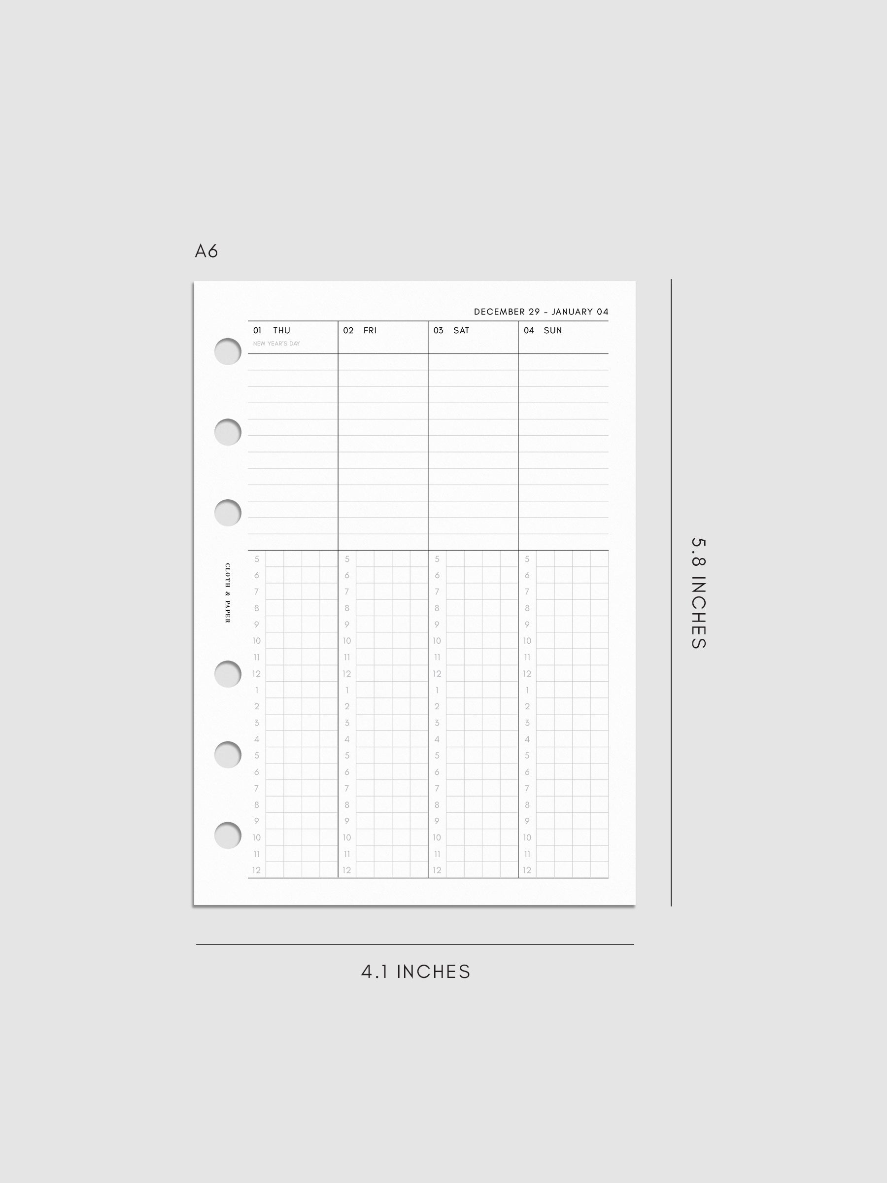 Digital mock-up of the weekly spread in A6.