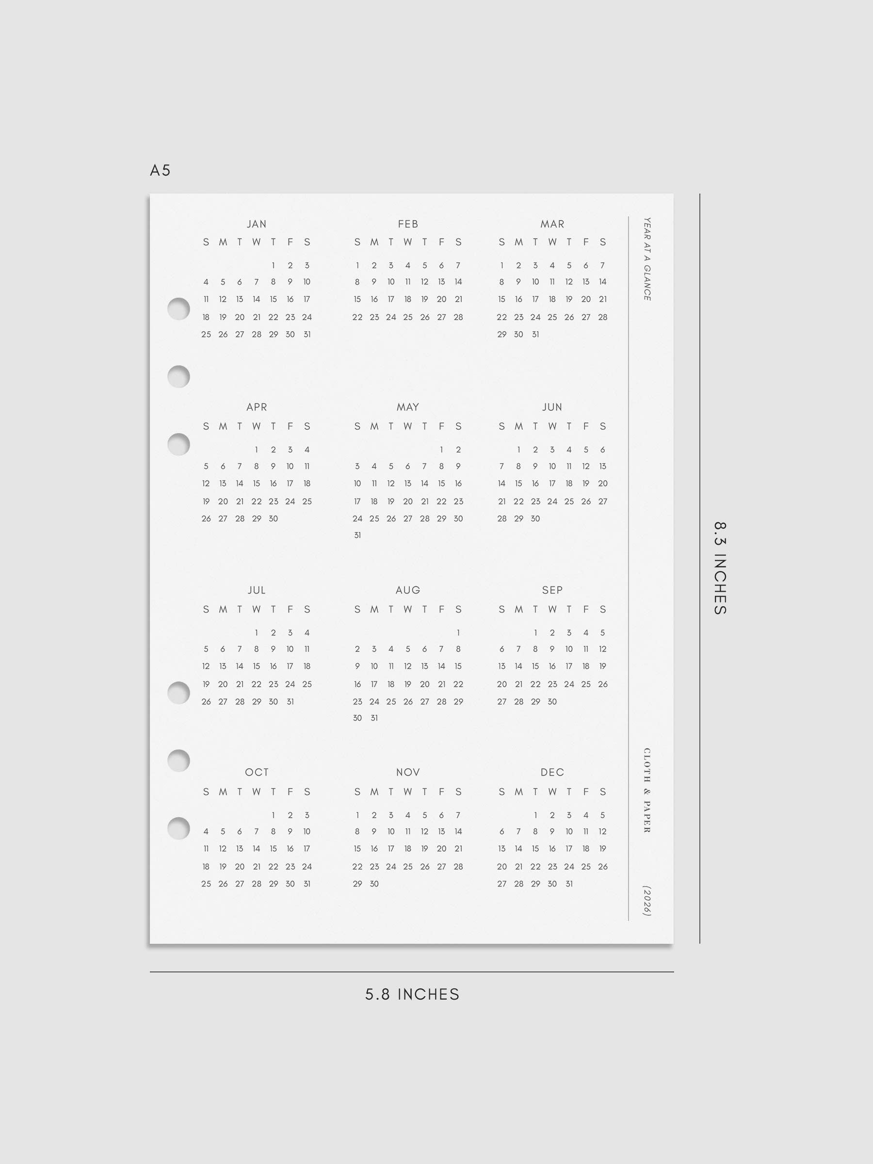 Digital mock-up of the 2026 Year At A Glance Planner Dashboard in A5.