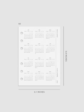 Digital mock-up of the 2026 Year At A Glance Planner Dashboard in A6.