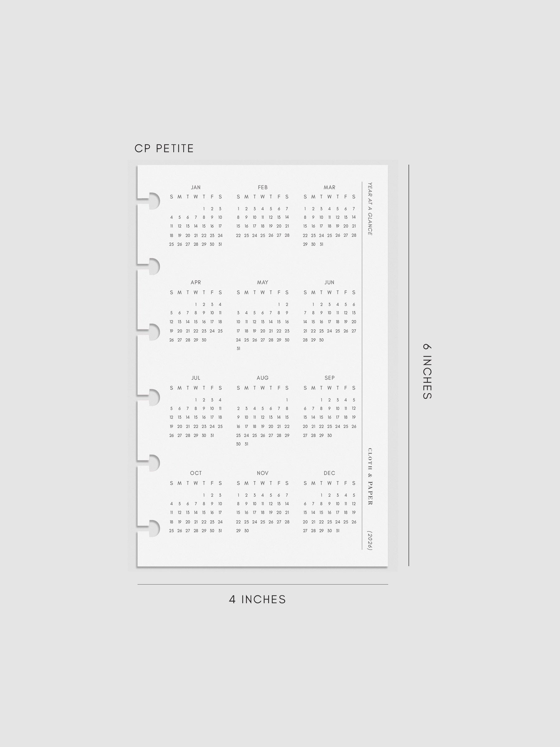 Digital mock-up of the 2026 Year At A Glance Planner Dashboard in CP Petite.