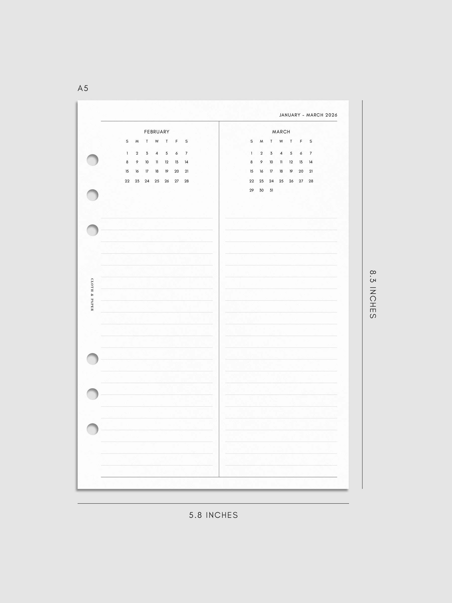 Digital mock-up of the 2026 Year Overview Planner Inserts in A5.