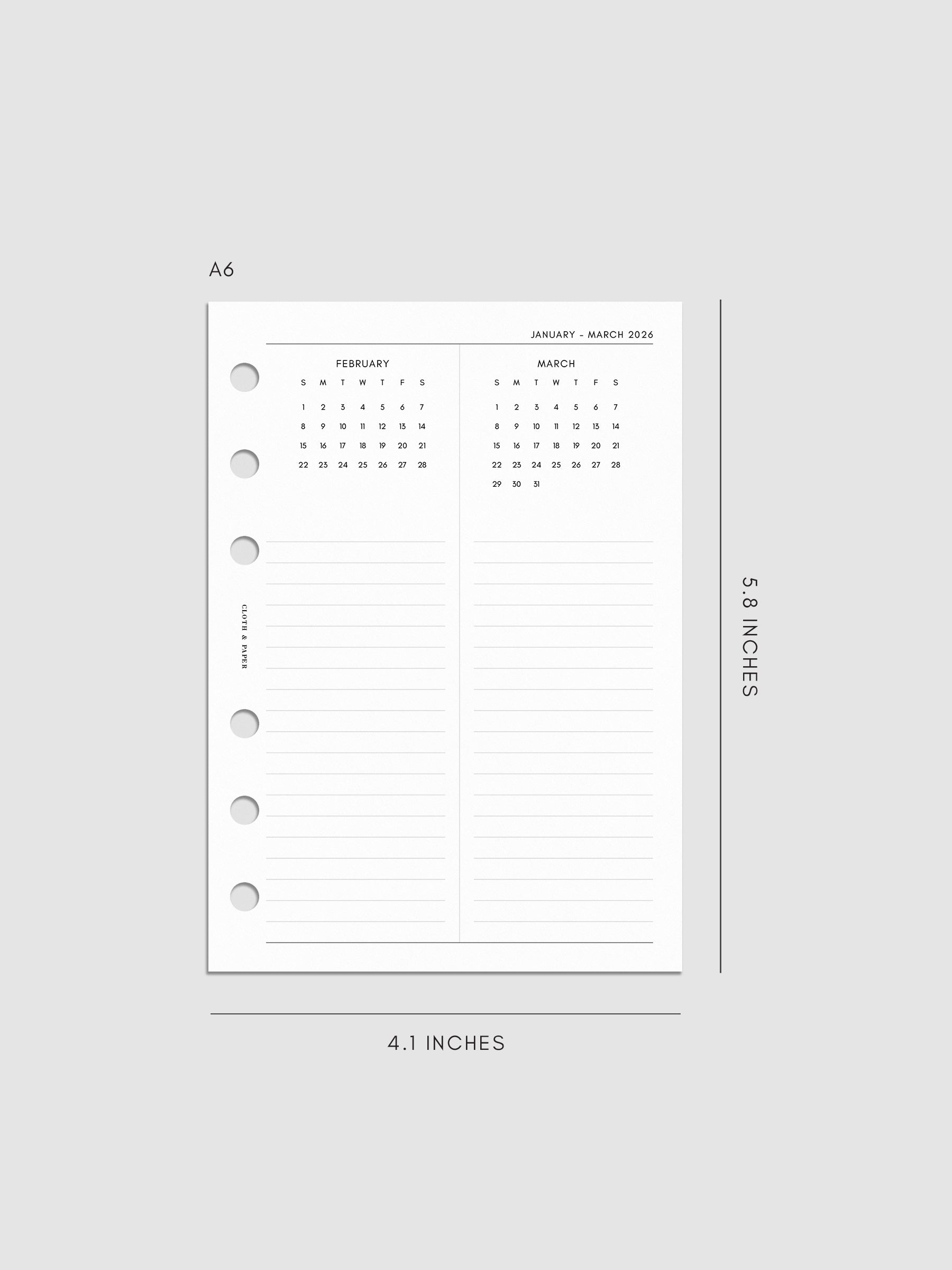 Digital mock-up of the 2026 Year Overview Planner Inserts in A6.