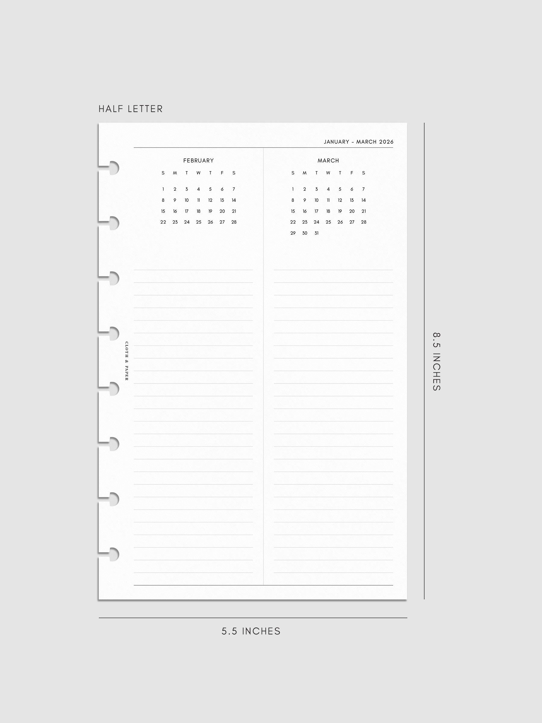 Digital mock-up of the 2026 Year Overview Planner Inserts in Half Letter.