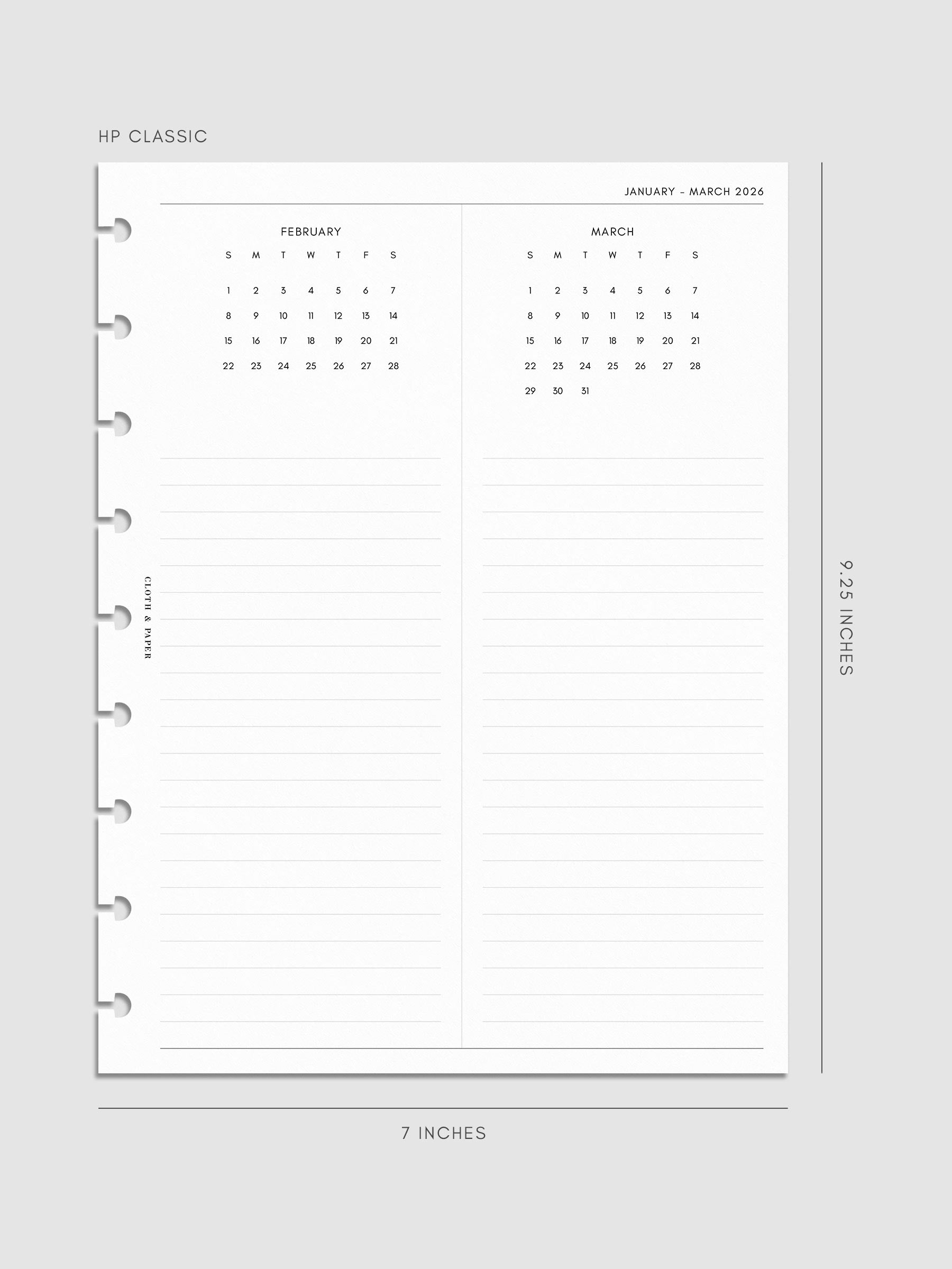 Digital mock-up of the 2026 Year Overview Planner Inserts in HP Classic.