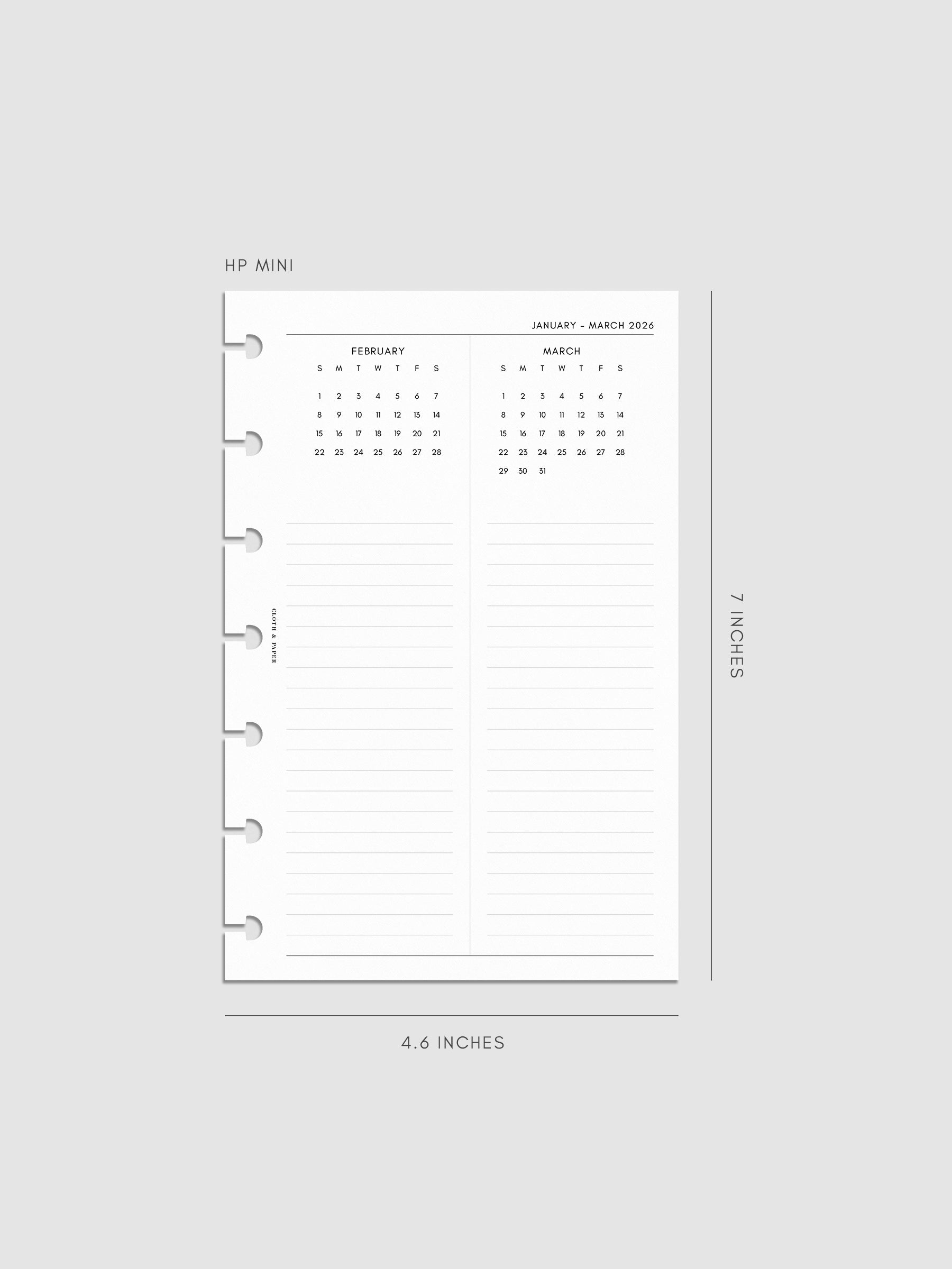 Digital mock-up of the 2026 Year Overview Planner Inserts in HP Mini.