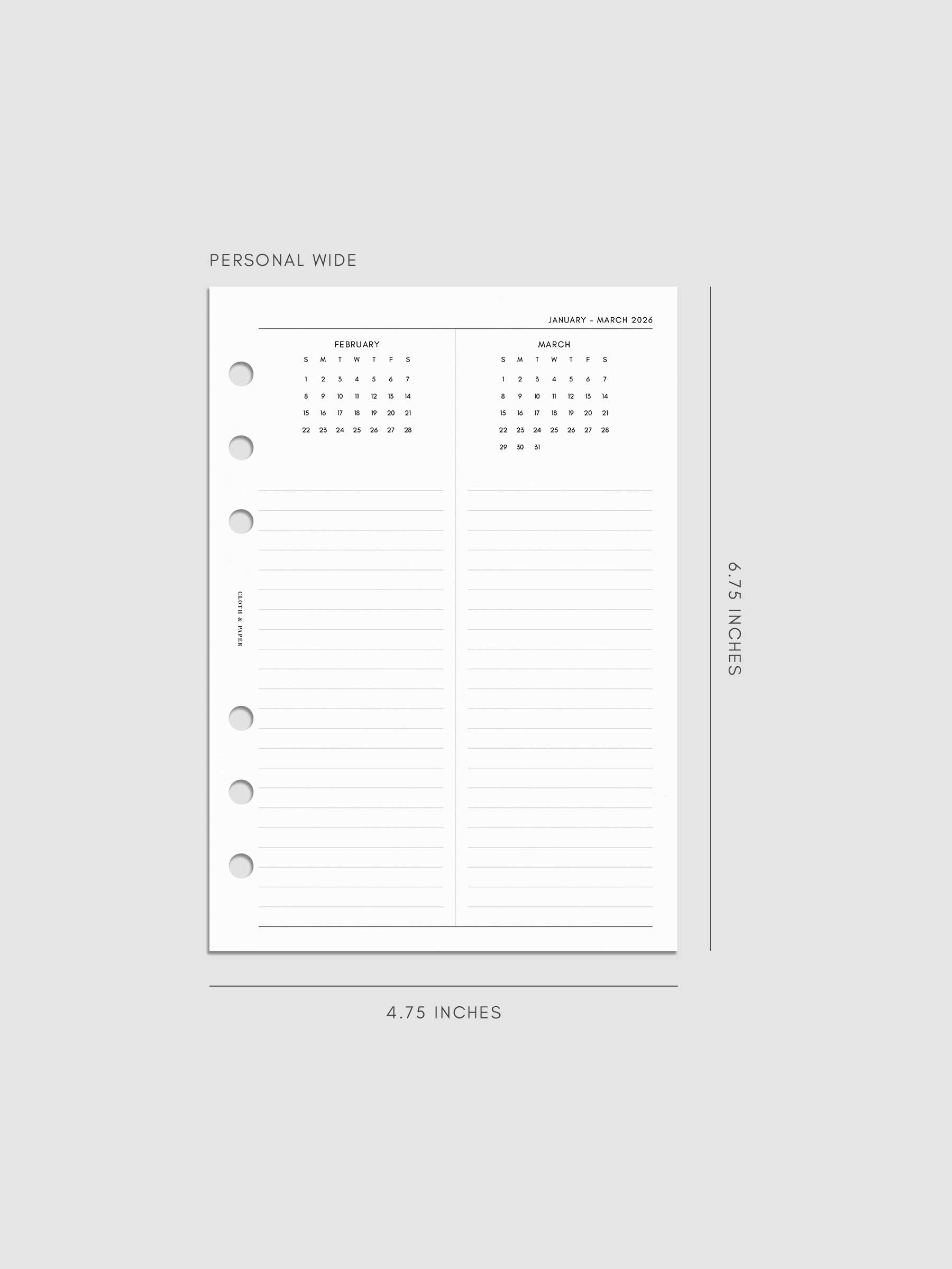Digital mock-up of the 2026 Year Overview Planner Inserts in Personal Wide.