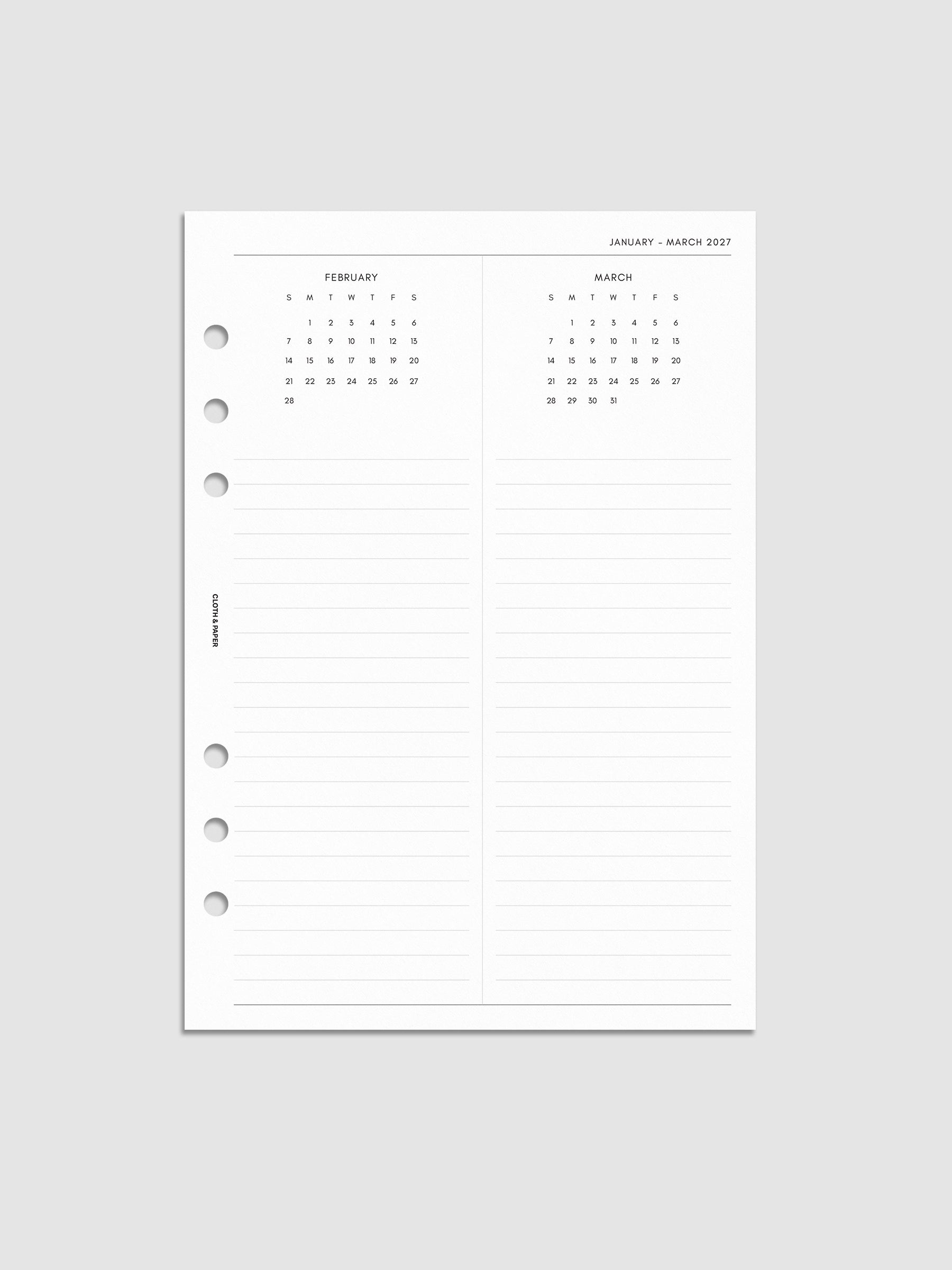 2027 Dated Yearly Overview Planner Inserts Sunday Start, A5 6-Ring Punch, right page of quarterly spread showing three monthly calendar views each with a notes section below