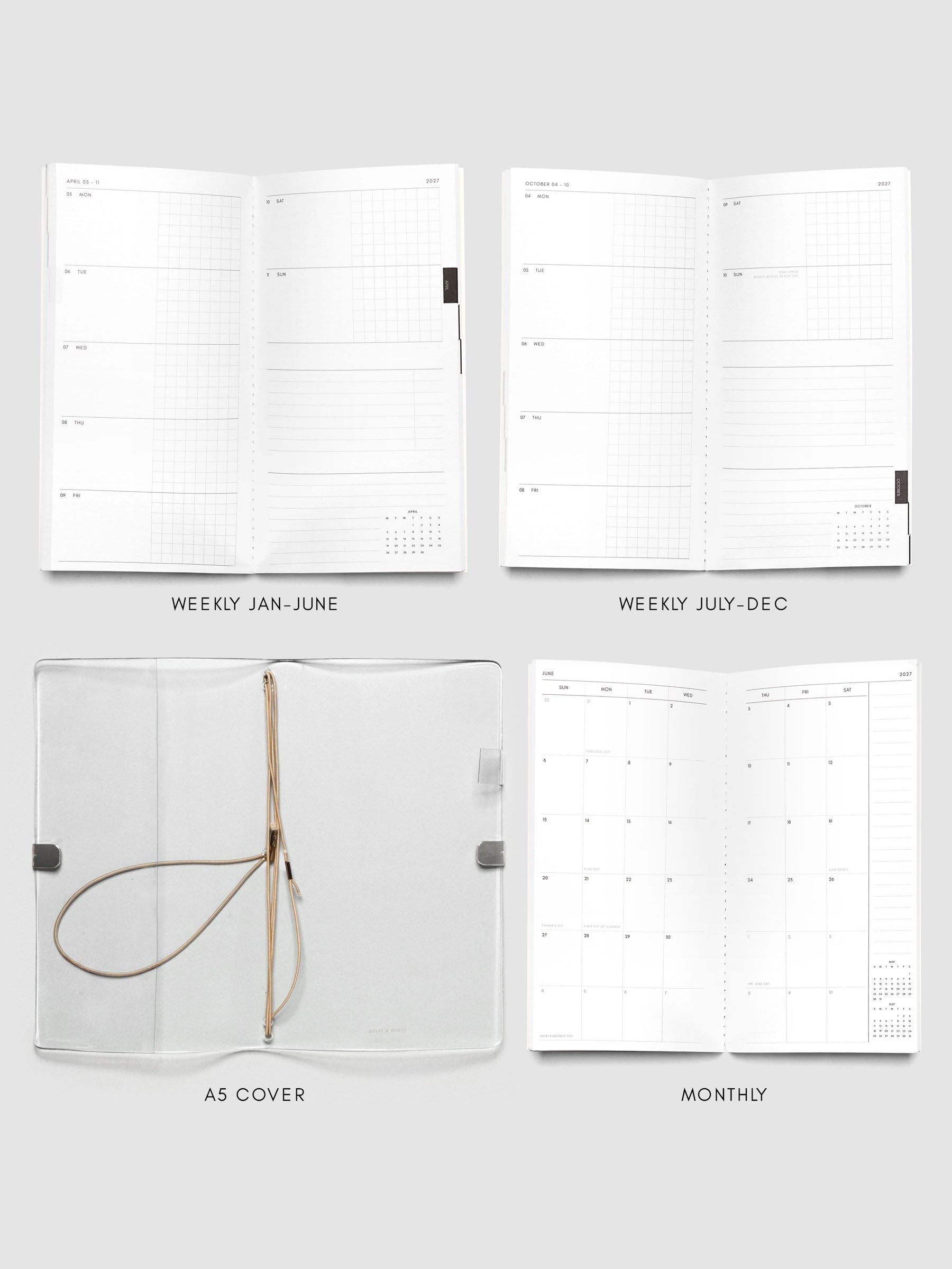 Four-panel layout showing a weekly grid spread for January through June, a weekly grid spread for July through December, an open flat clear vinyl A5 cover with tan bungee cords, and a monthly calendar spread, labeled A5 Cover