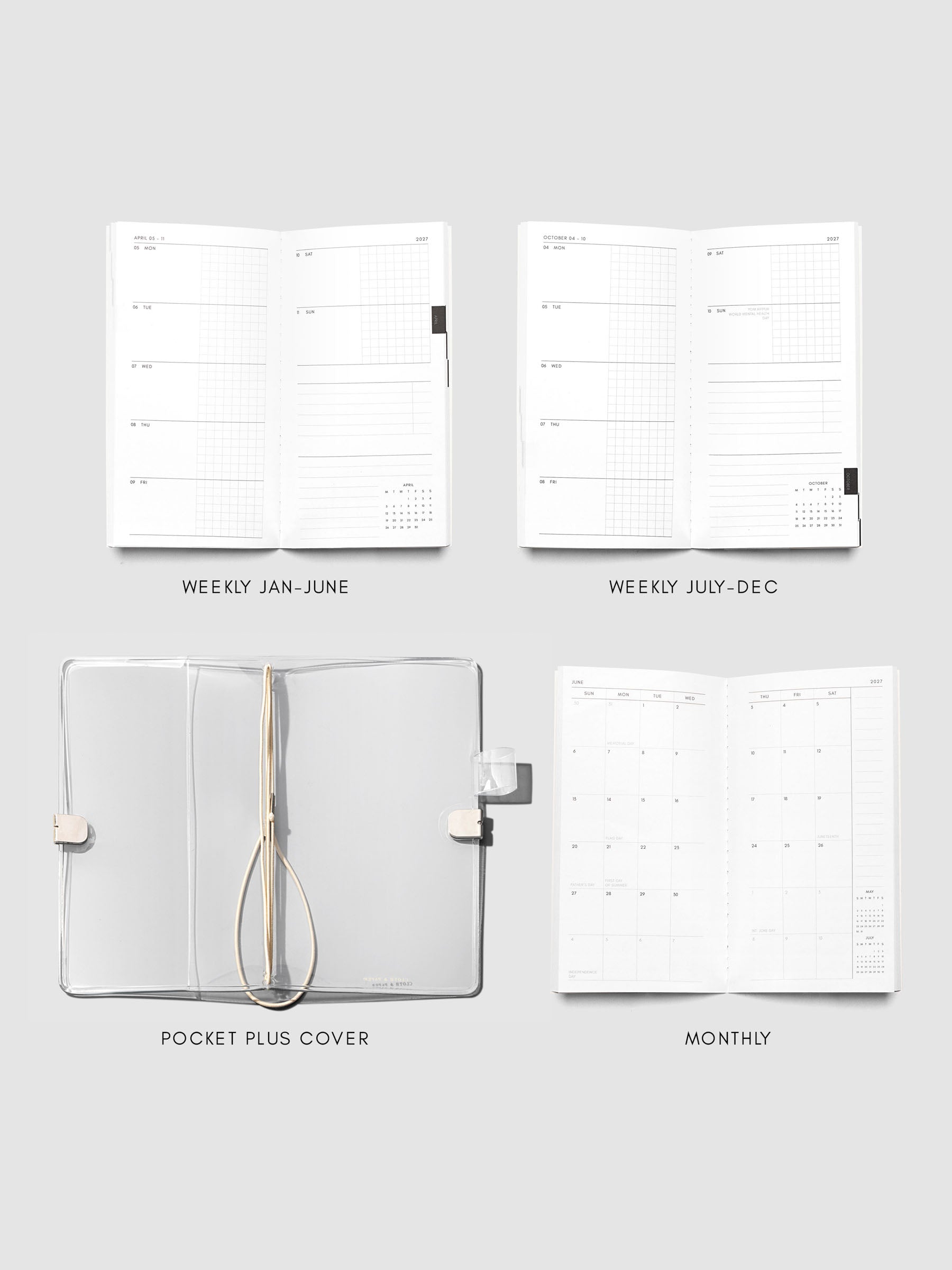 Four-panel layout showing a weekly grid spread for January through June, a weekly grid spread for July through December, an open flat clear vinyl Pocket Plus cover with tan bungee cords, and a monthly calendar spread, labeled Pocket Plus Cover