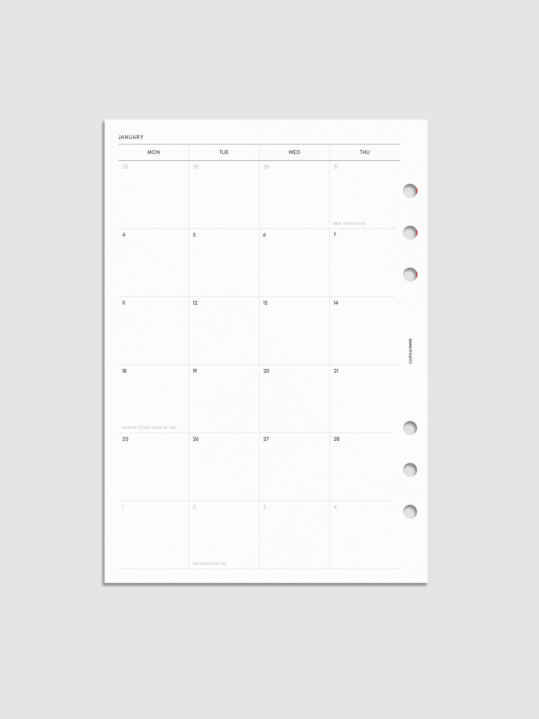 2027 Dated Monthly Planner Inserts Monday Start, left page showing two-page monthly calendar spread with Monday start, notes column along the far right, and mini calendars in the bottom right corner