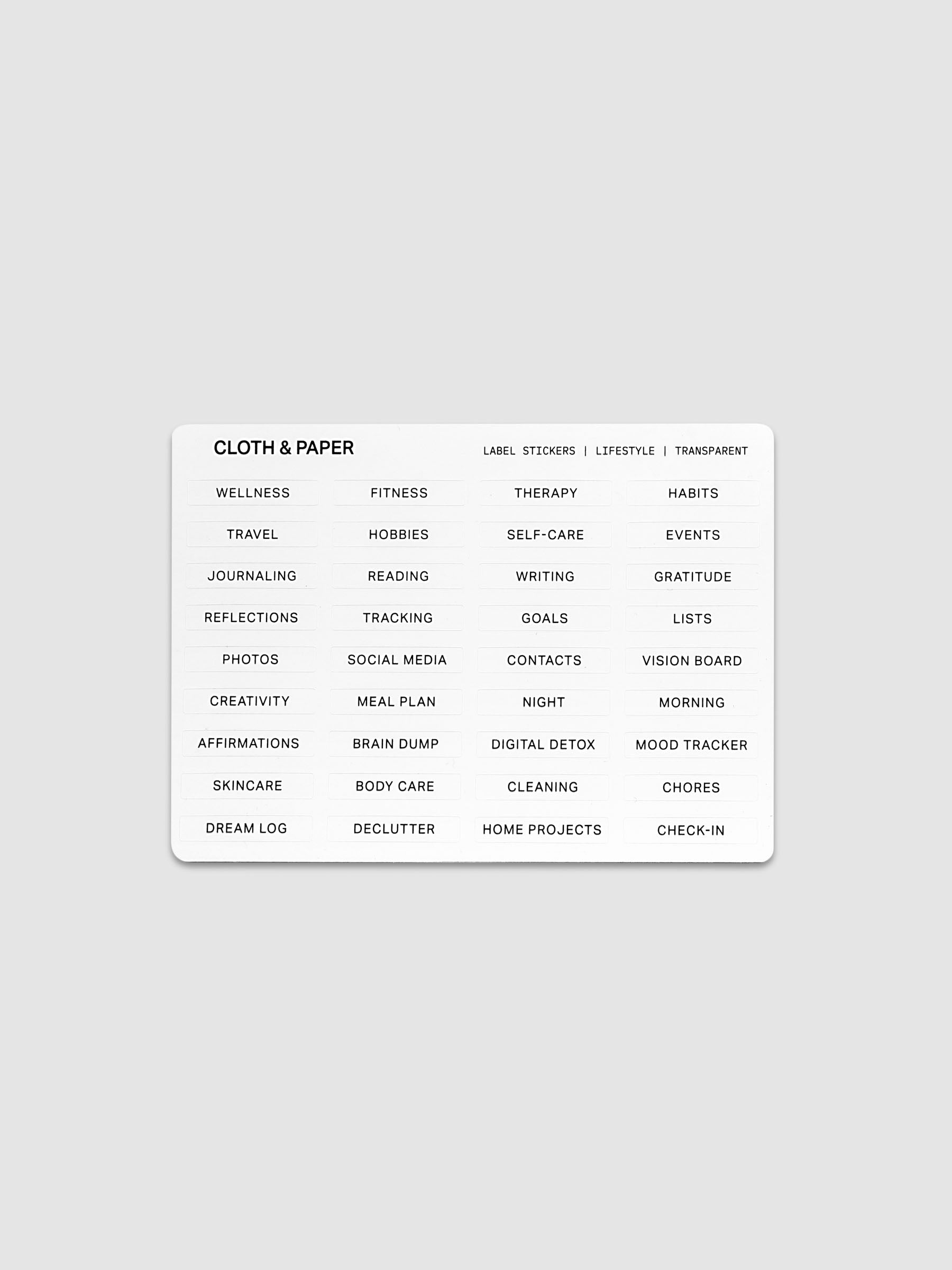 One sheet of transparent label stickers with black printed text on the theme of lifestyle.