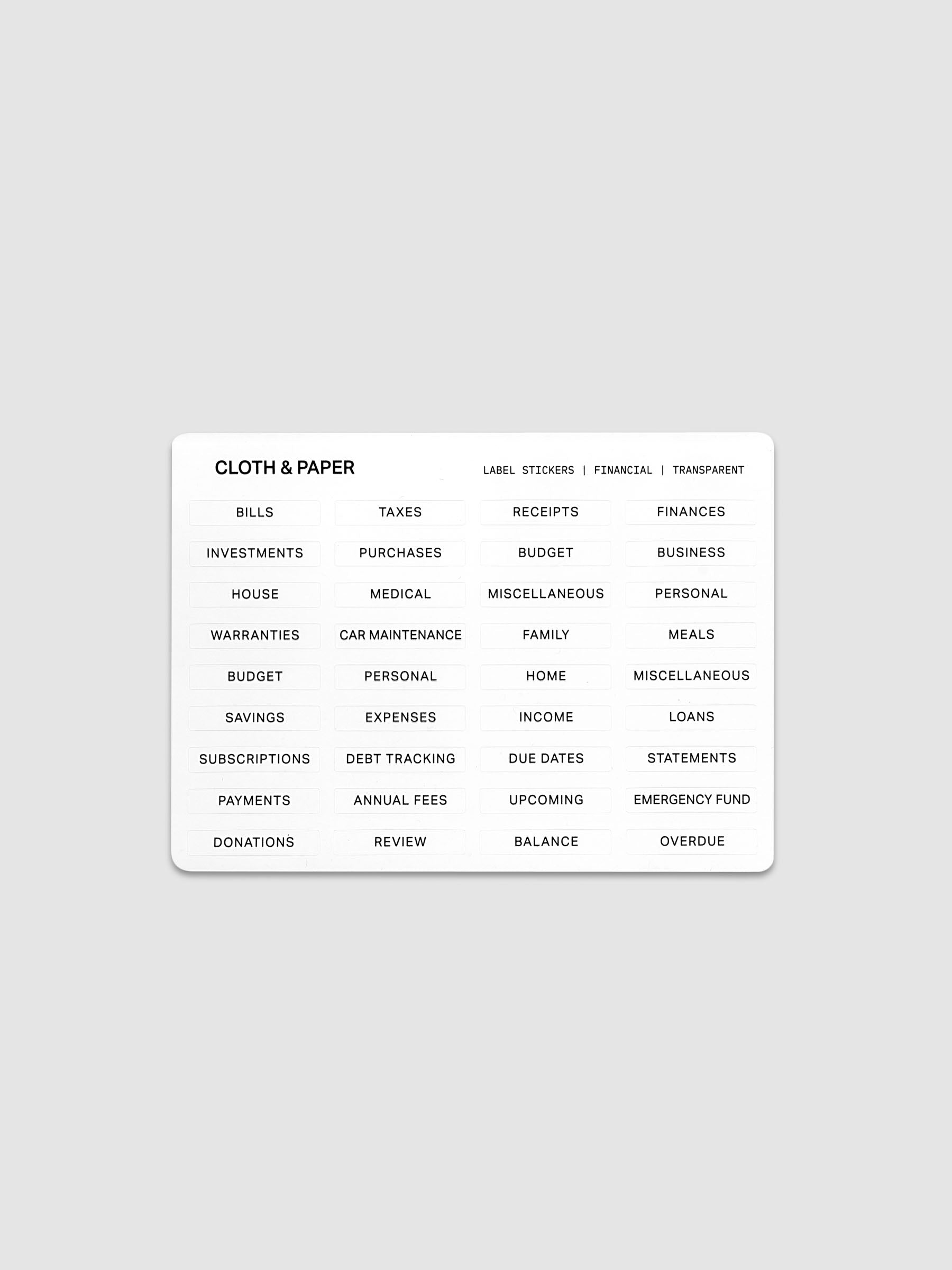 One sheet of transparent label stickers with black printed text on the theme of finances.