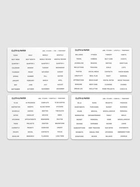 Four unique sheets of transparent label stickers with black text on the topics of lifestyle, financial, essentials, and time.