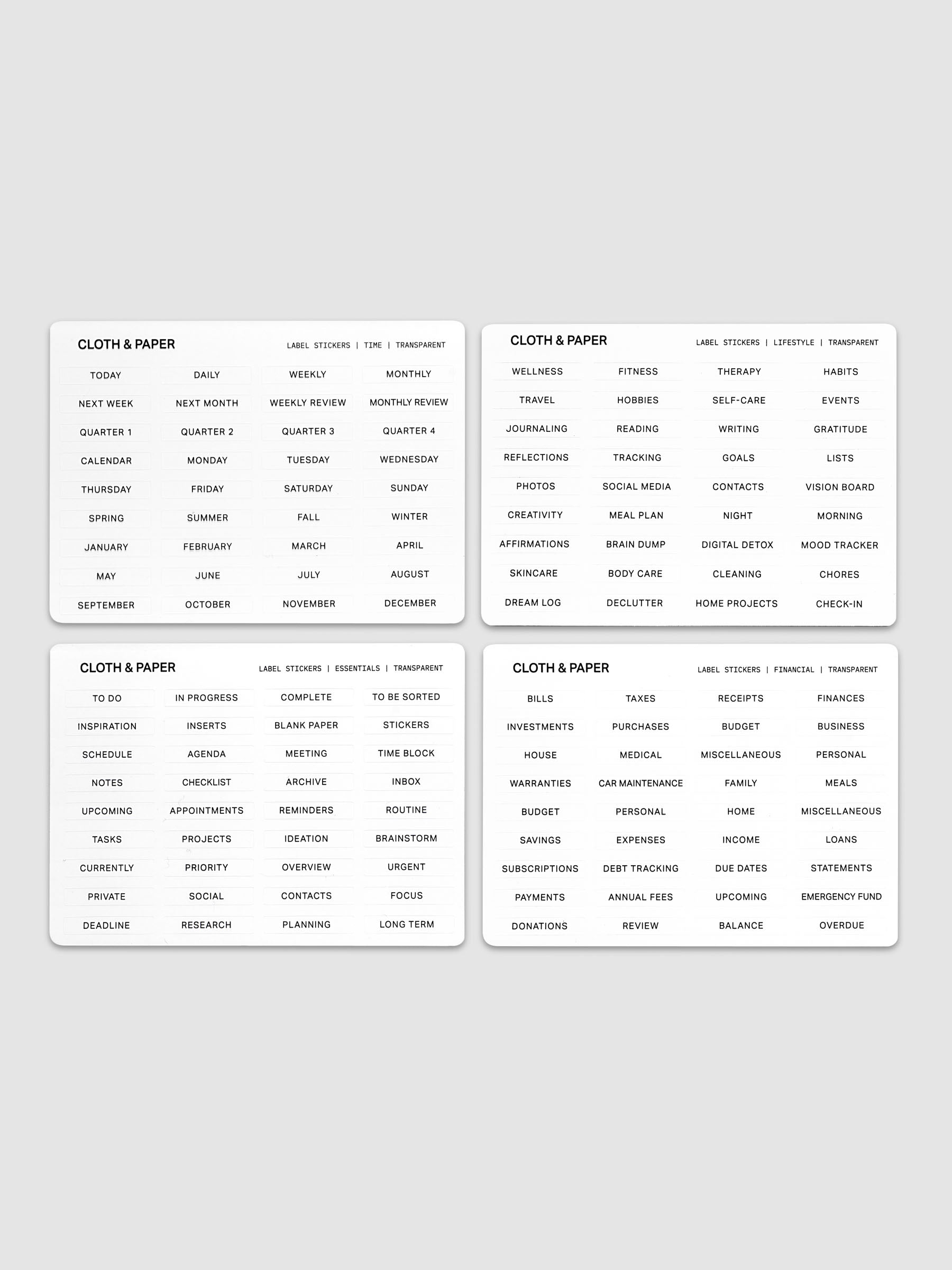 Four unique sheets of transparent label stickers with black text on the topics of lifestyle, financial, essentials, and time.