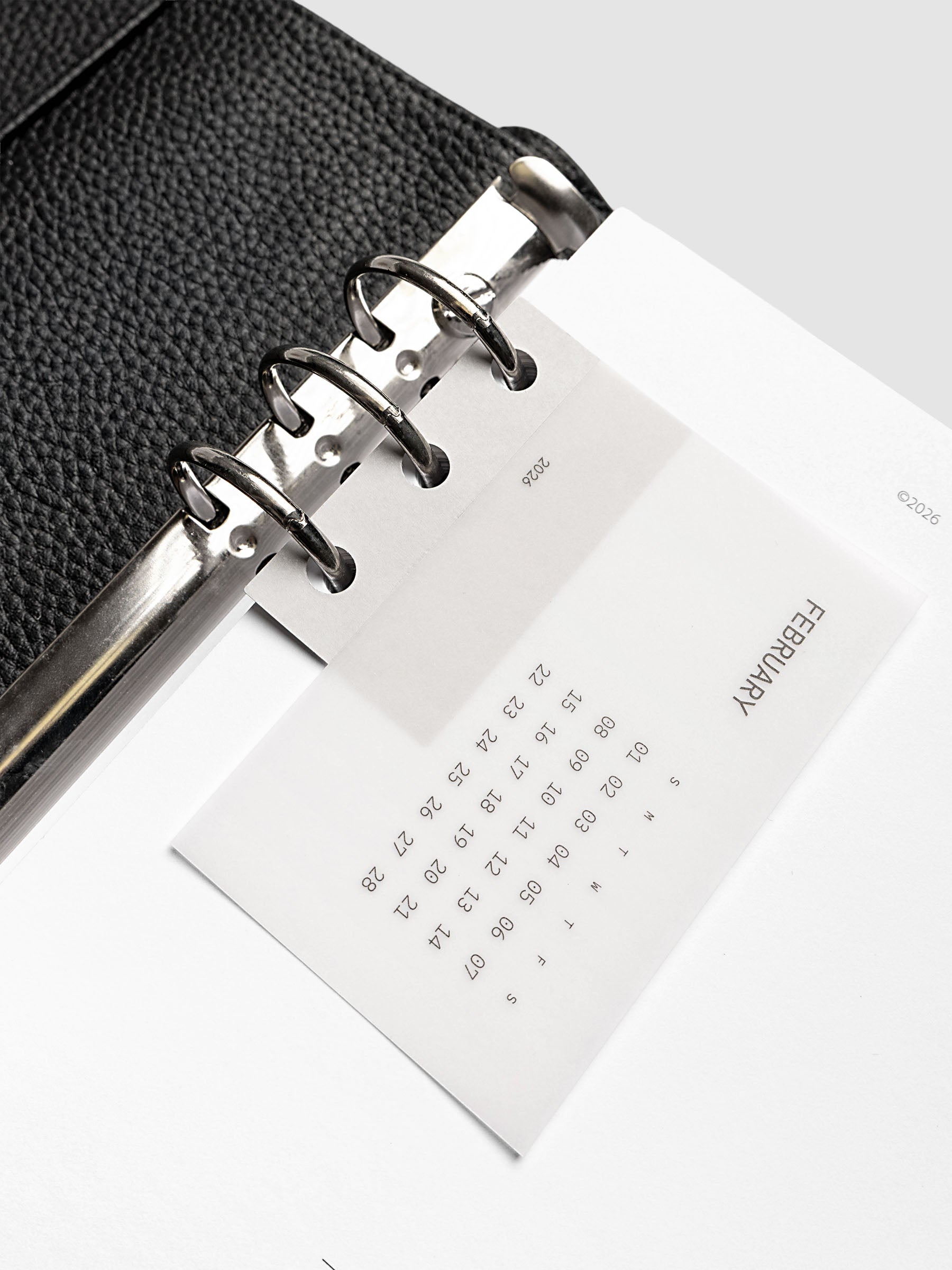 Ring system punch sticker attached to a clear calendar card inside a ring bound planner.