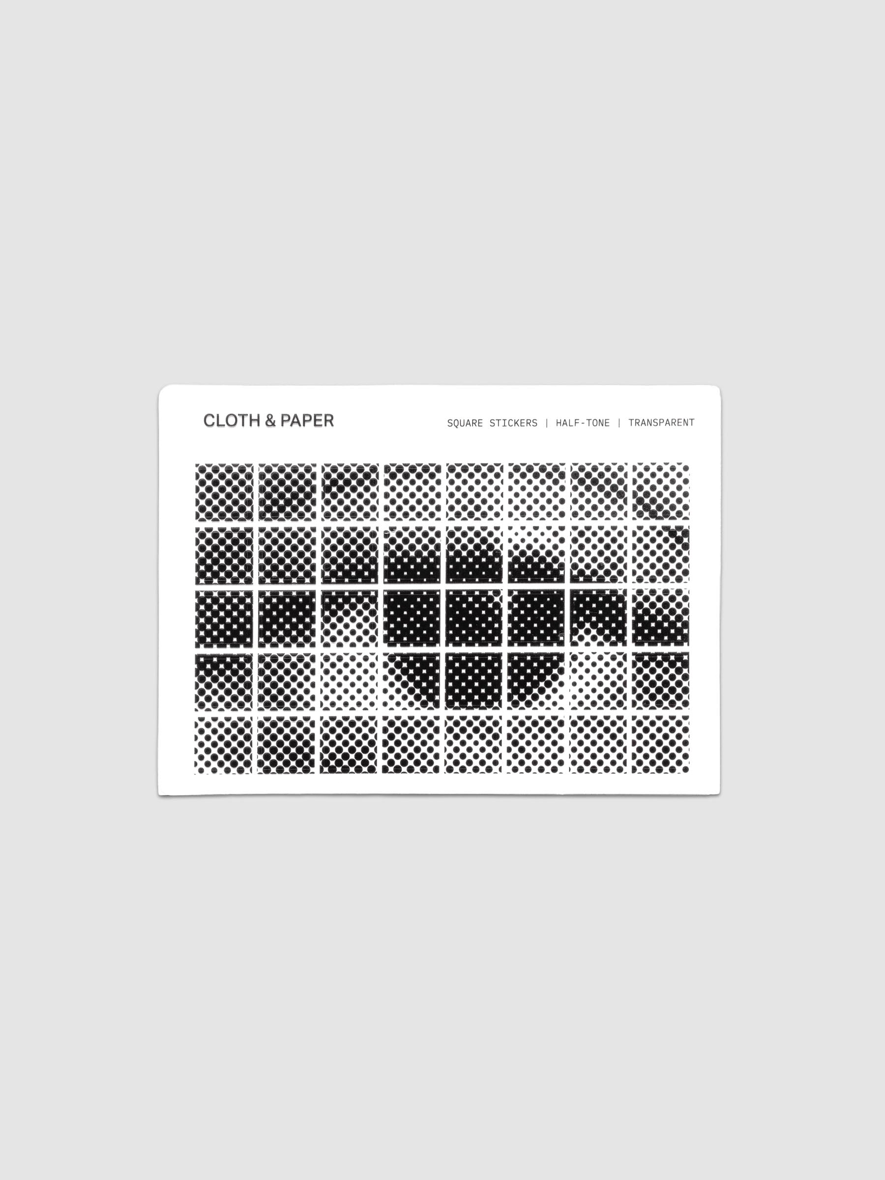 One sheet of black and transparent Square Stickers in a Halftone design.