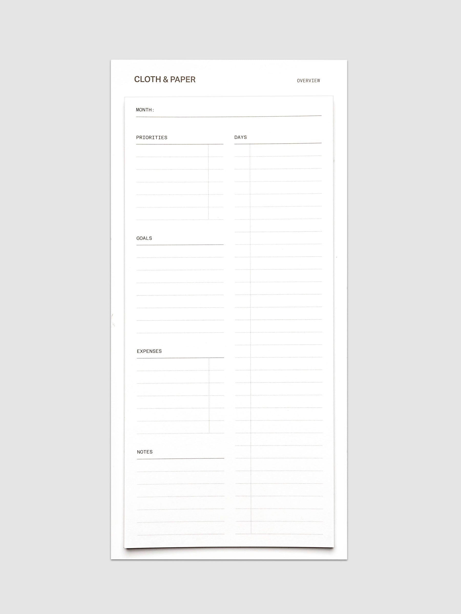 Monthly Overview sticky note layout with columns for priorities, goals, expenses, and notes