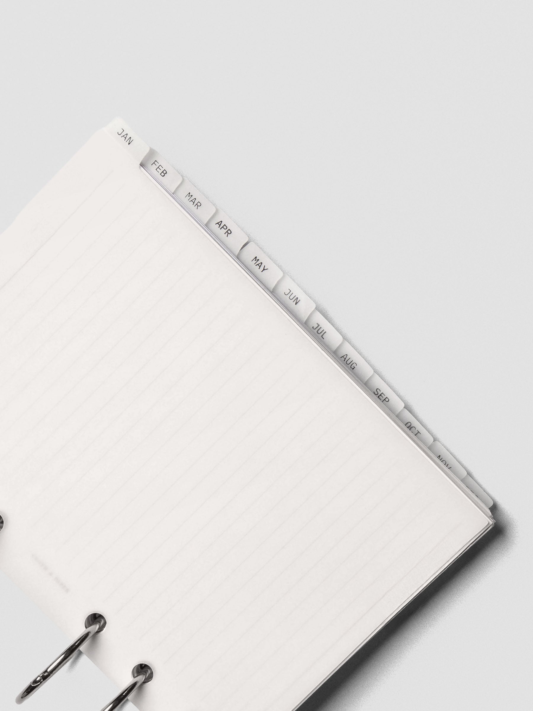 Close up of A6 vellum dividers shown at an angle bound with rings.