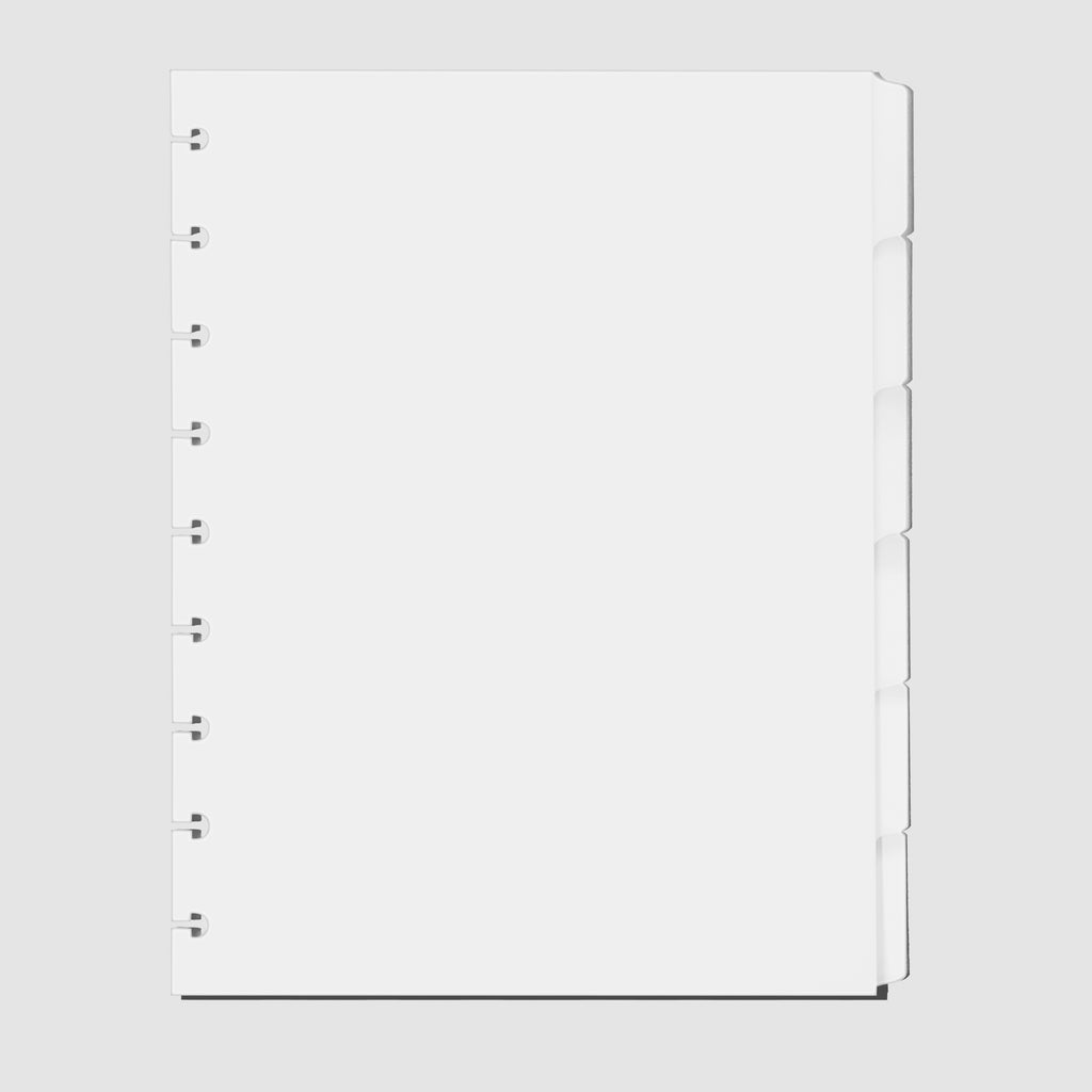 Blank Side Tab Planner Dividers, Glass Plastic, Cloth and Paper. Dividers displayed on a white background.