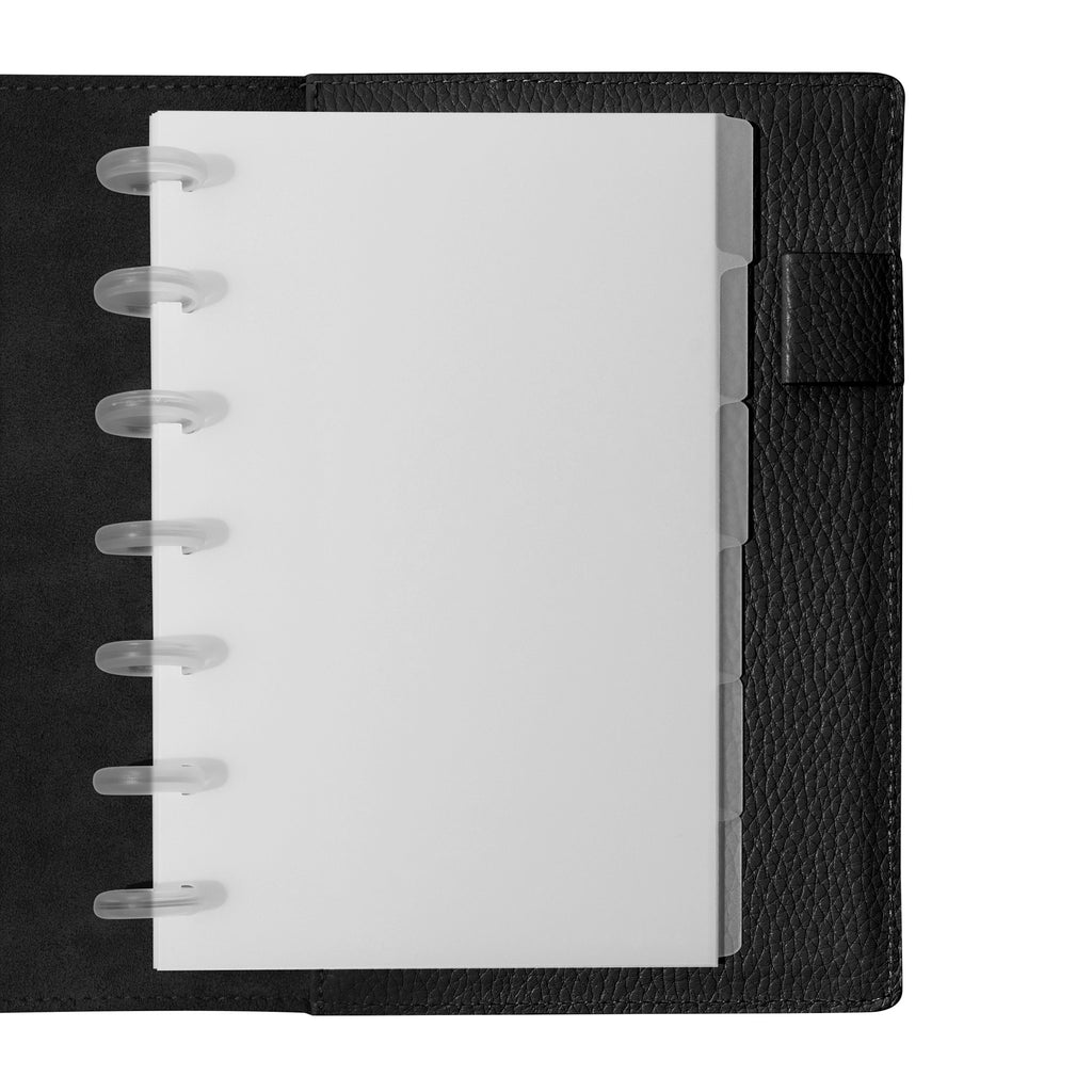 HP Mini Blank side tabs shown in use inside a black leather planner.
