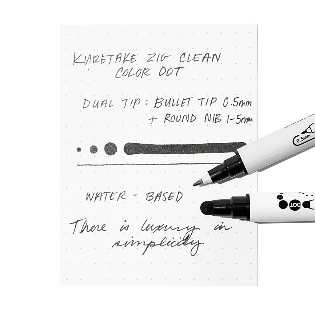Two markers, showing the nib and dot tips respectively, rest on an in use pen testing sheet. Color shown is Black.  