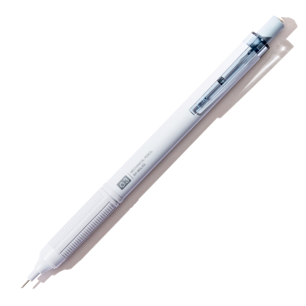 Greyish blue pencil displayed on a white background.