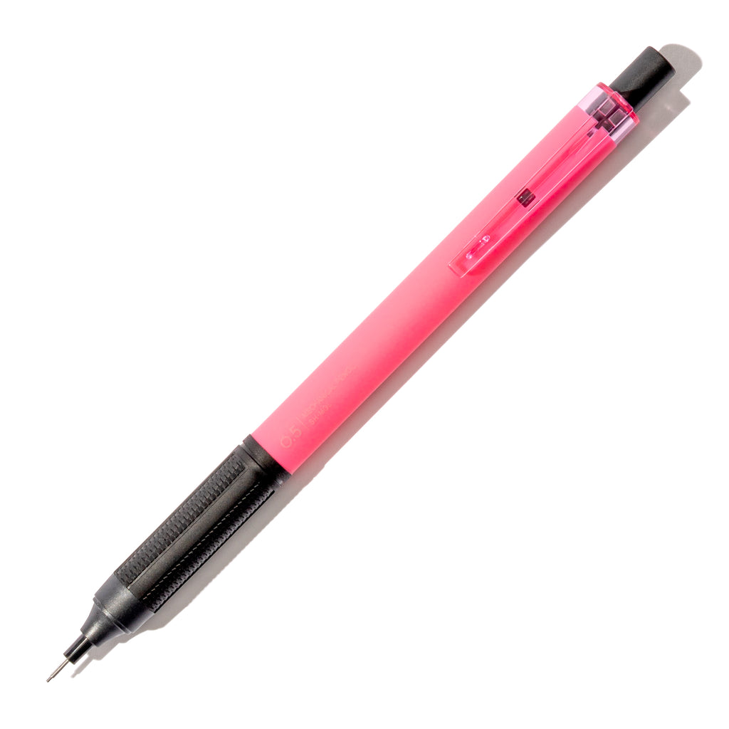 Neon pink pencil displayed on a white background.