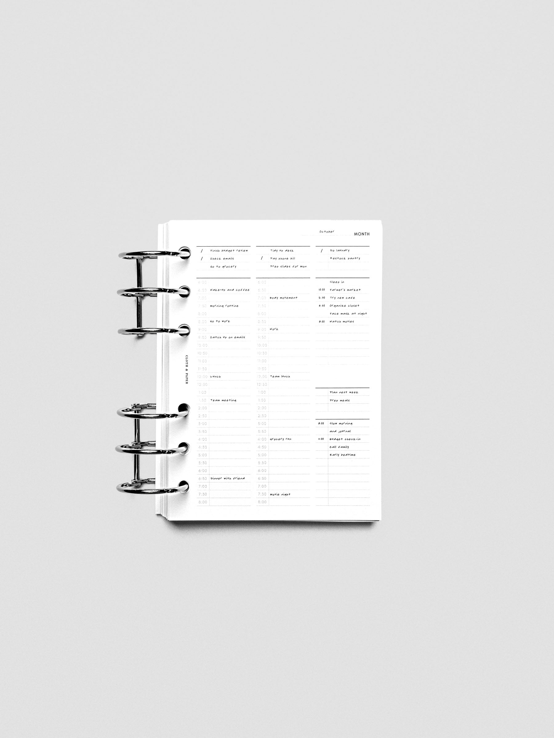 30 Minute Time Block Planner Inserts in size A6 with example writing.