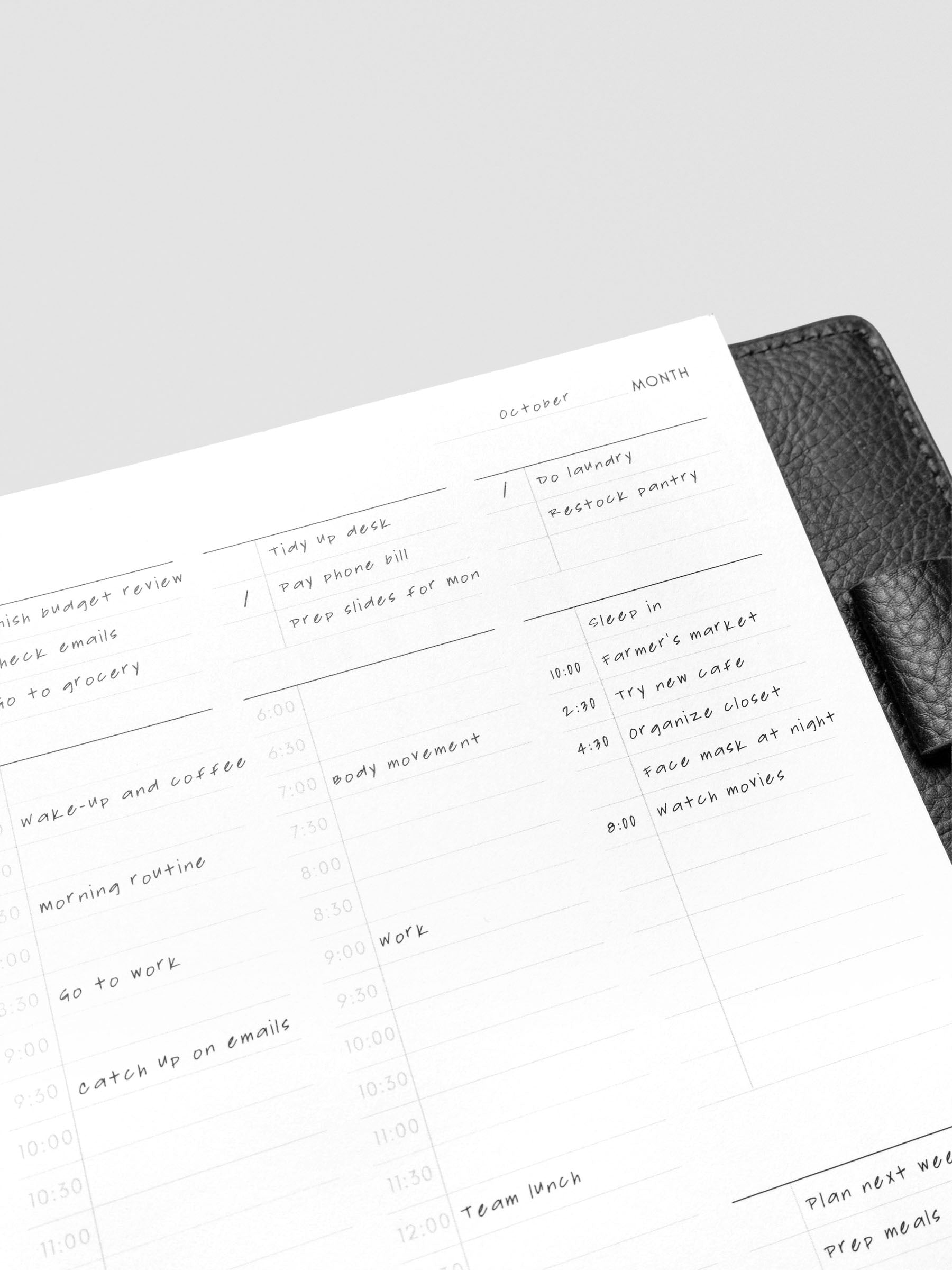Close up of 30 Minute Time Block Planner Inserts in size Half Letter with example priorities and scheduling.
