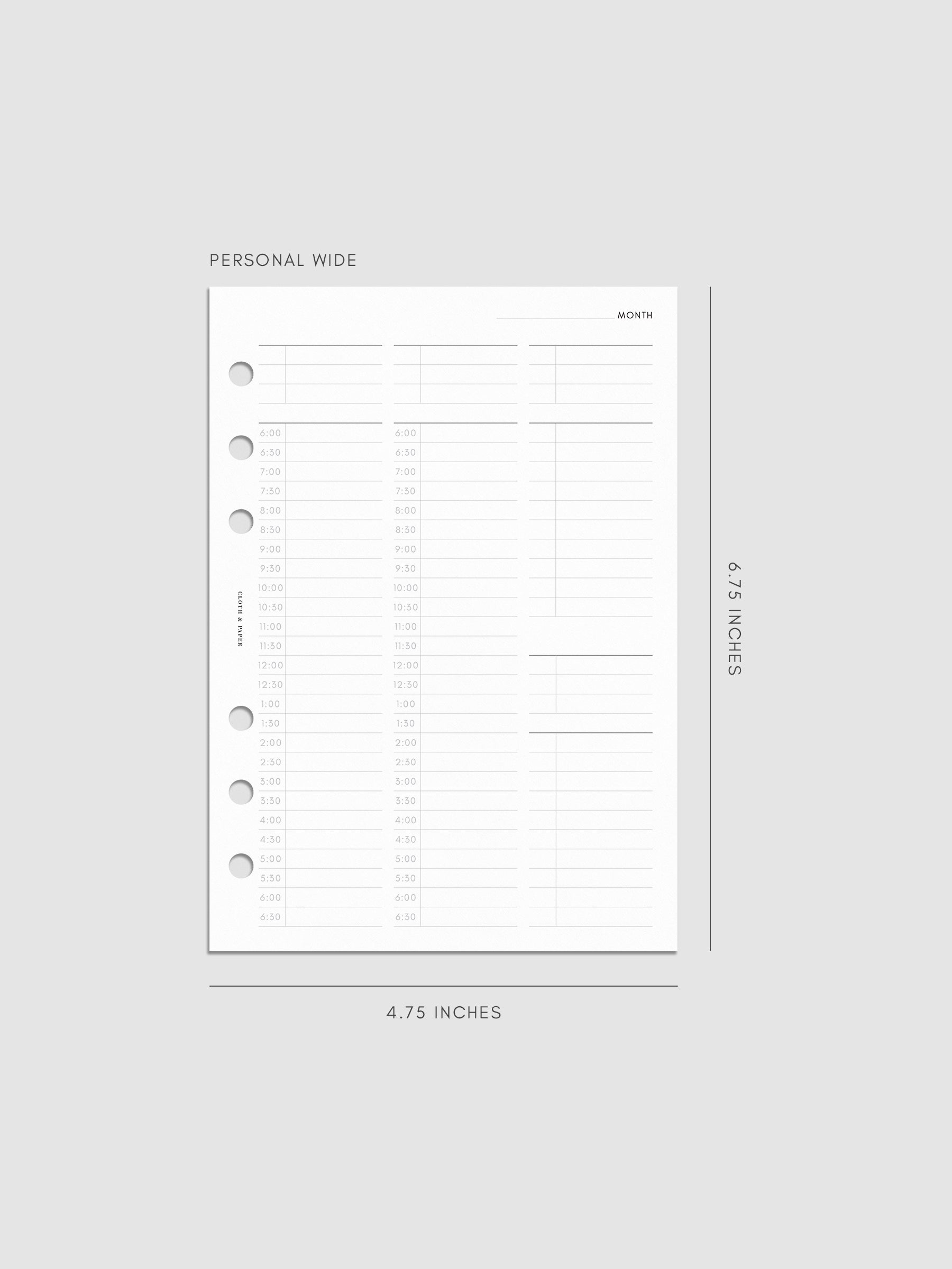30 Minute Time Block Planner Inserts | Personal Wide