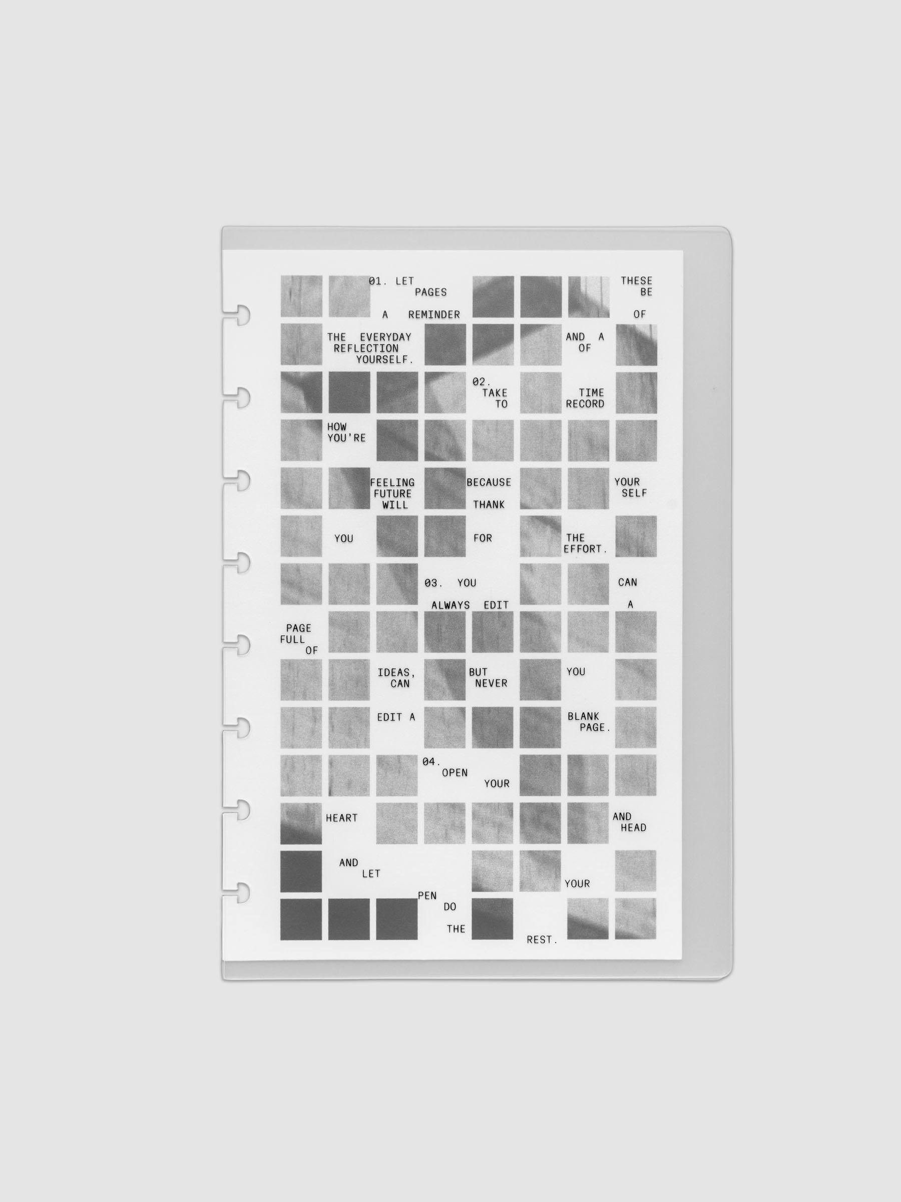 Clear planner cover with black printed text paired with a photographic black and white dashboard. Shown pre-punched for discbound planners in the size Half Letter.