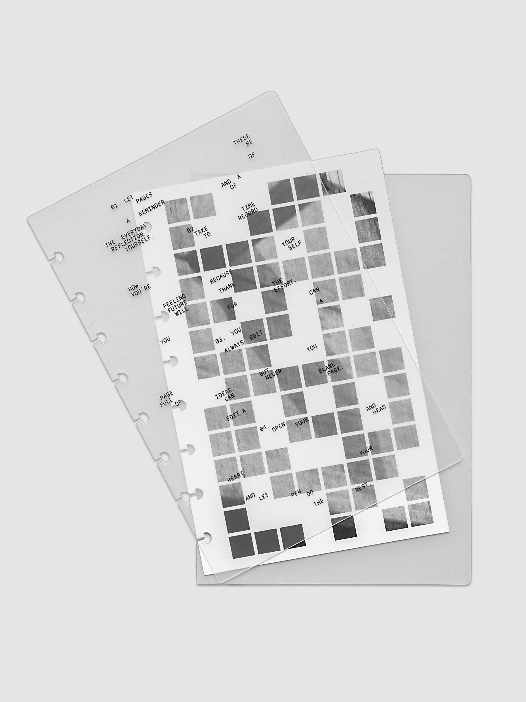 Clear planner cover with black printed text paired with a photographic black and white dashboard. Shown pre-punched for discbound planners in the size Half Letter.