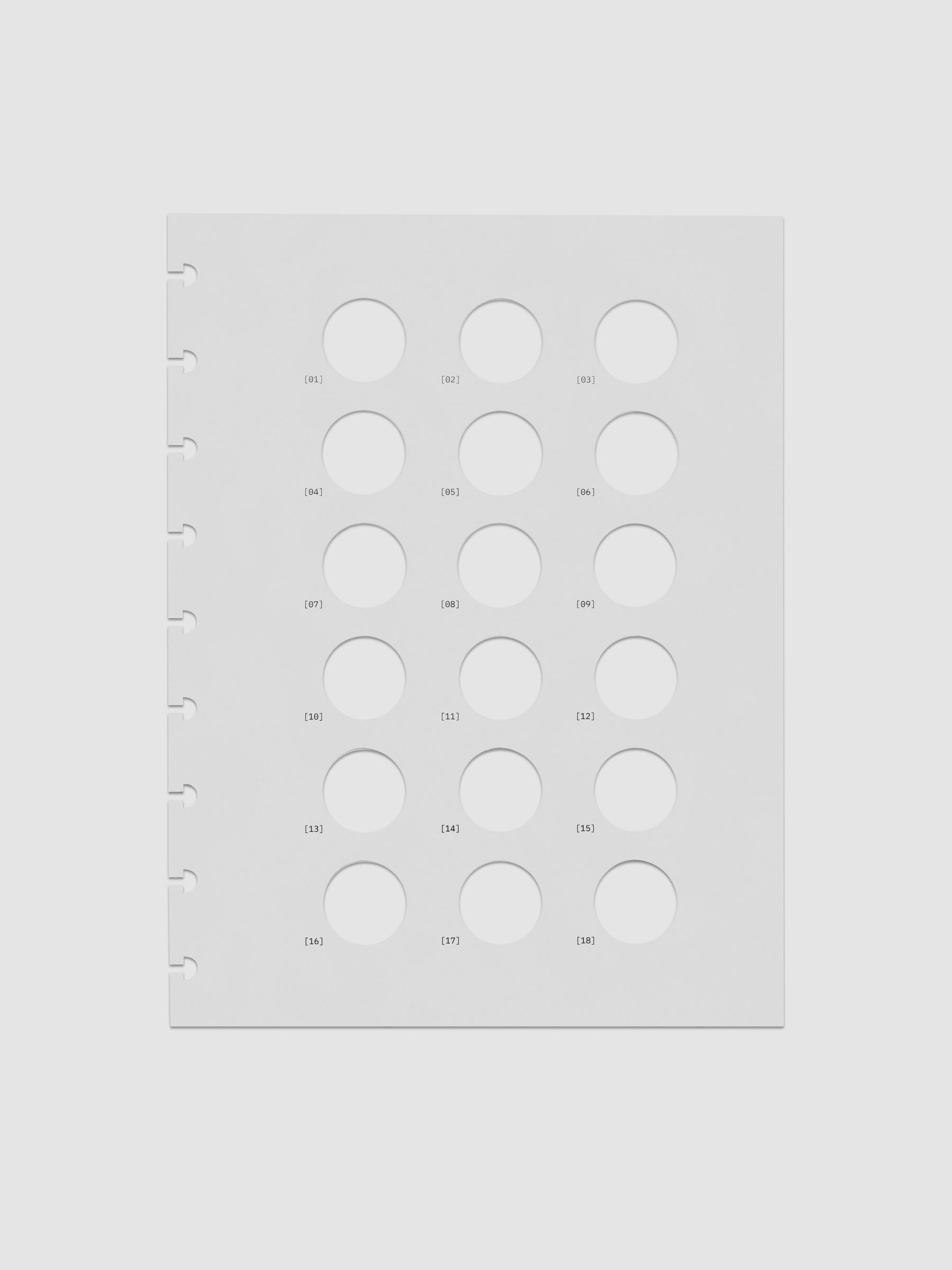 One transparent dashboard with 18 circular cut outs. One piece from the Inner Blueprint Dashboard Duo shown in size HP Classic.