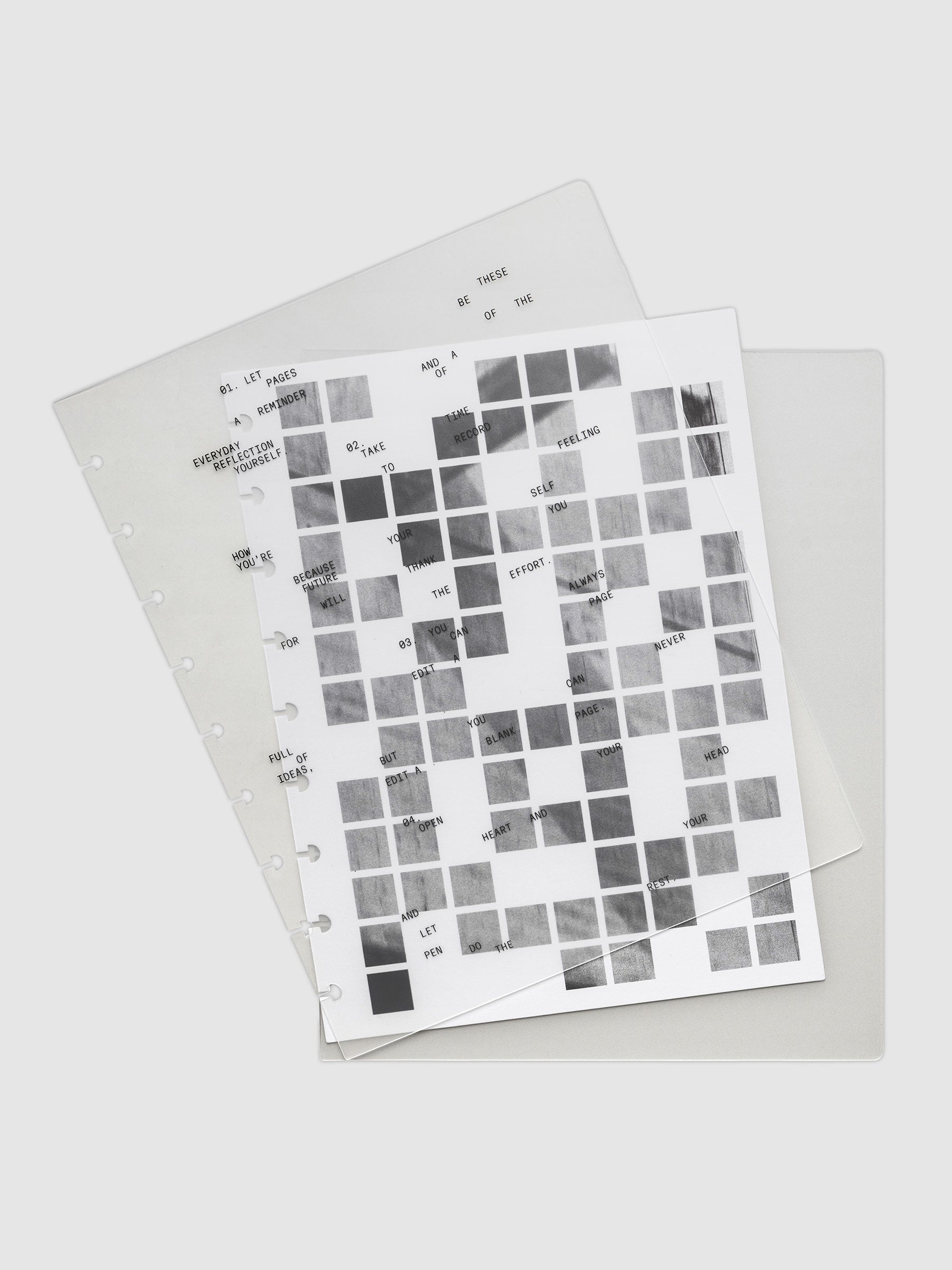 Clear planner cover with black printed text paired with a photographic black and white dashboard. Shown pre-punched for discbound planners in the size HP Classic.