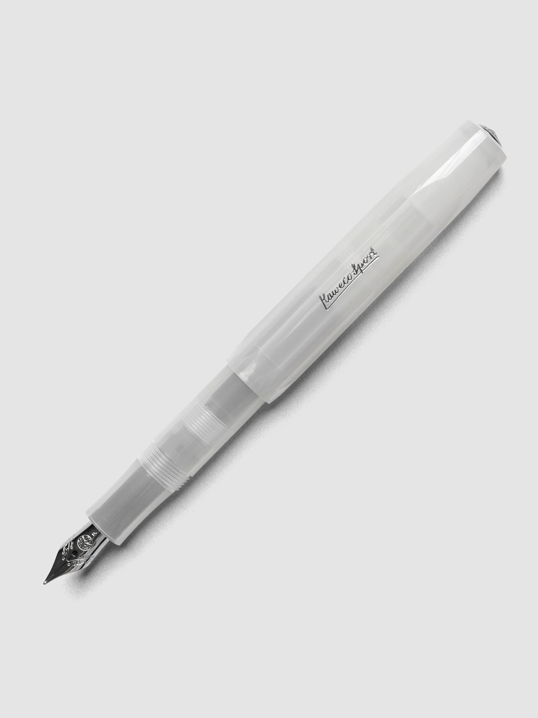 Clear fountain pen shown with cap posted.