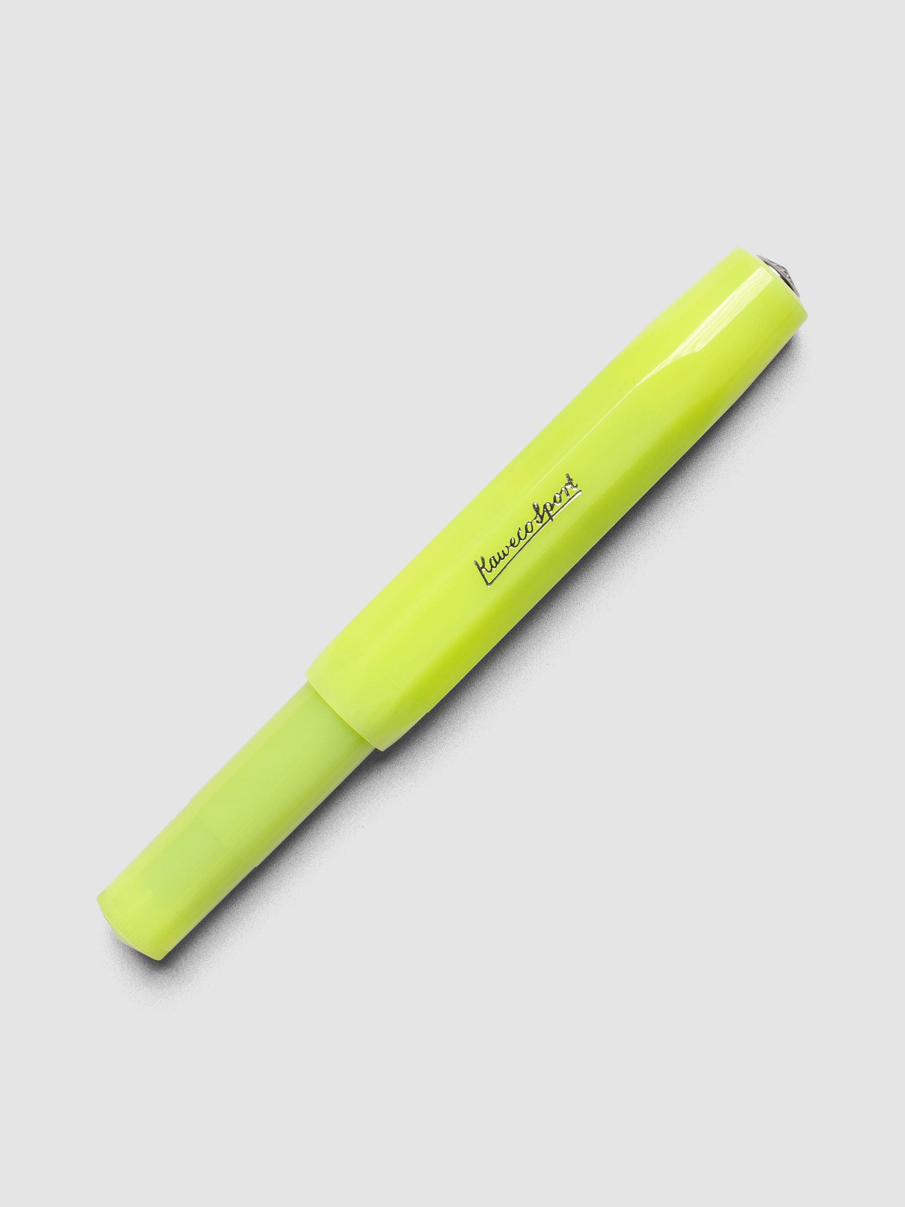 Lime green fountain pen shown capped.