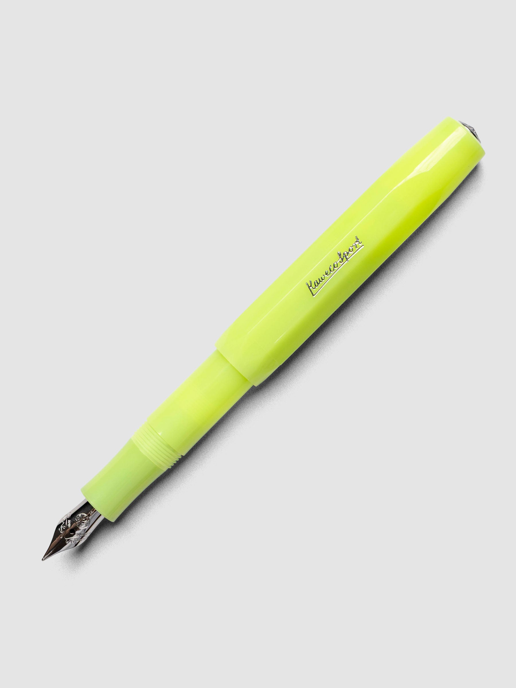 Lime green fountain pen shown with cap posted.