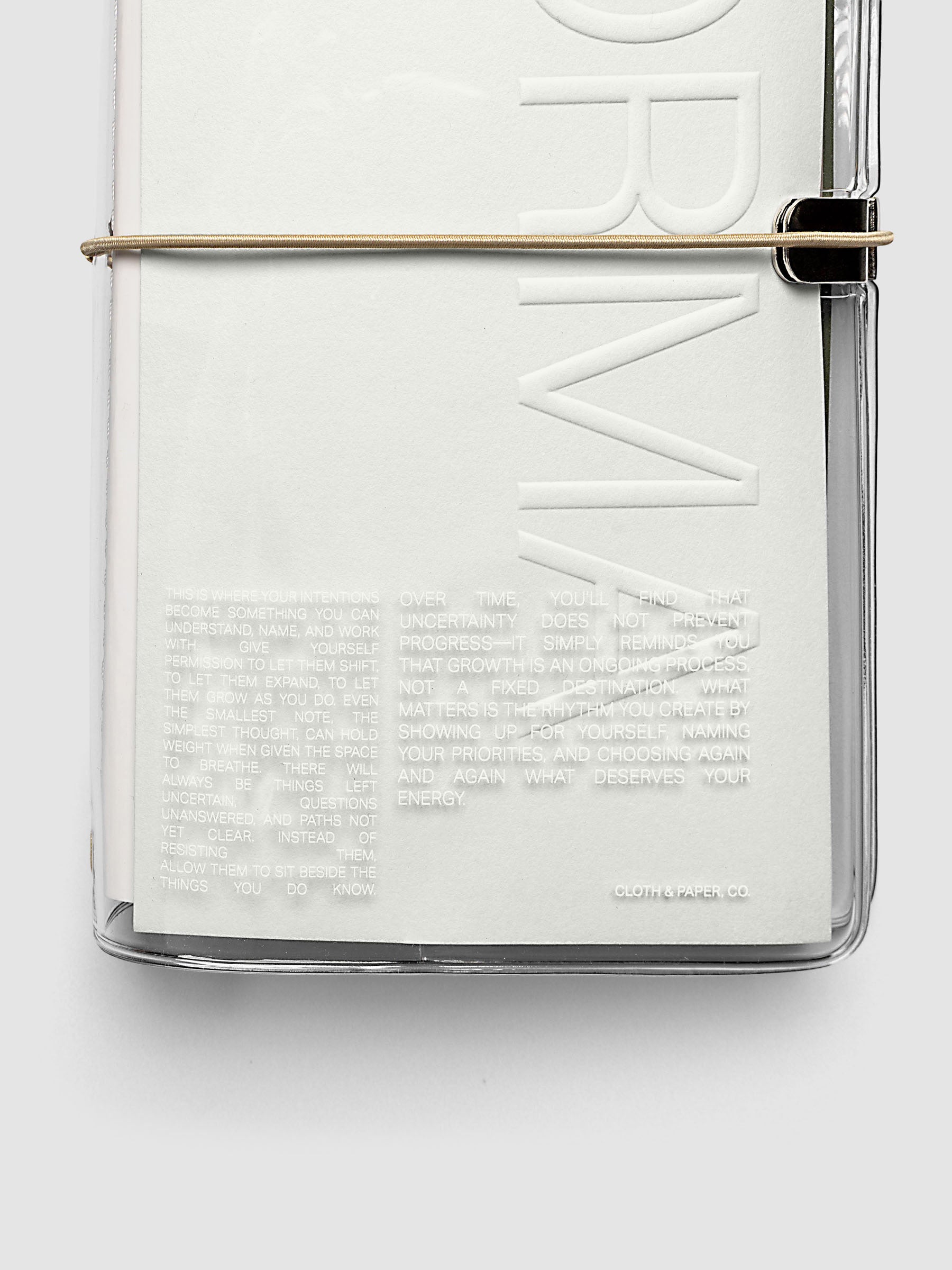 Detail view of screen printed text on the FORMA Travel Notebook cover.