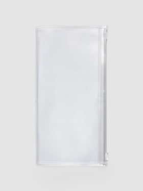 Storage Holder Travel Notebook A5 Slim, empty and closed, frosted clear plastic with silver foil logo, front view