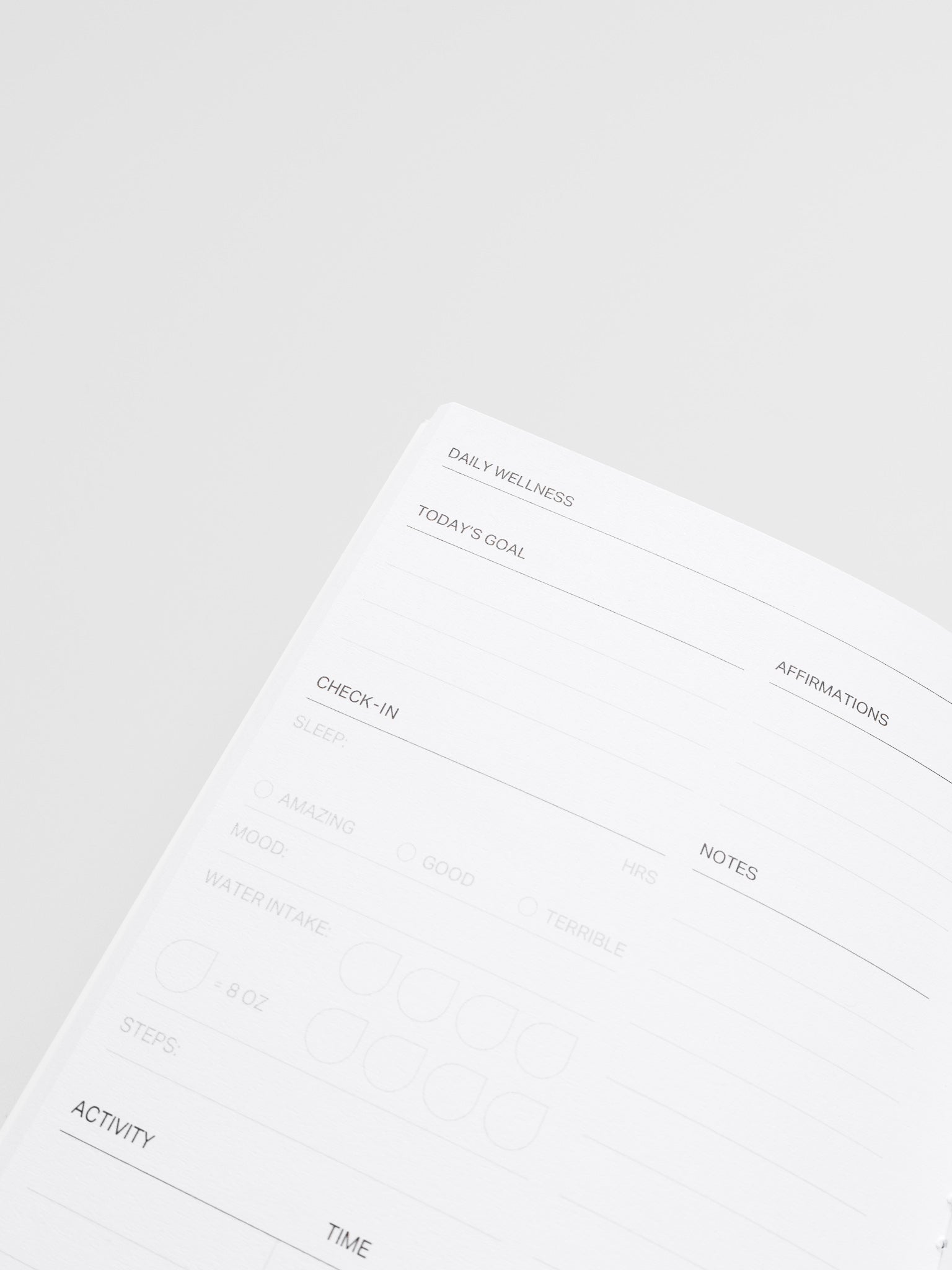 Interior of Daily Wellness Travel Notebook in size Pocket Plus displaying sections for goals, affirmations, check-ins, notes, activity, and time.