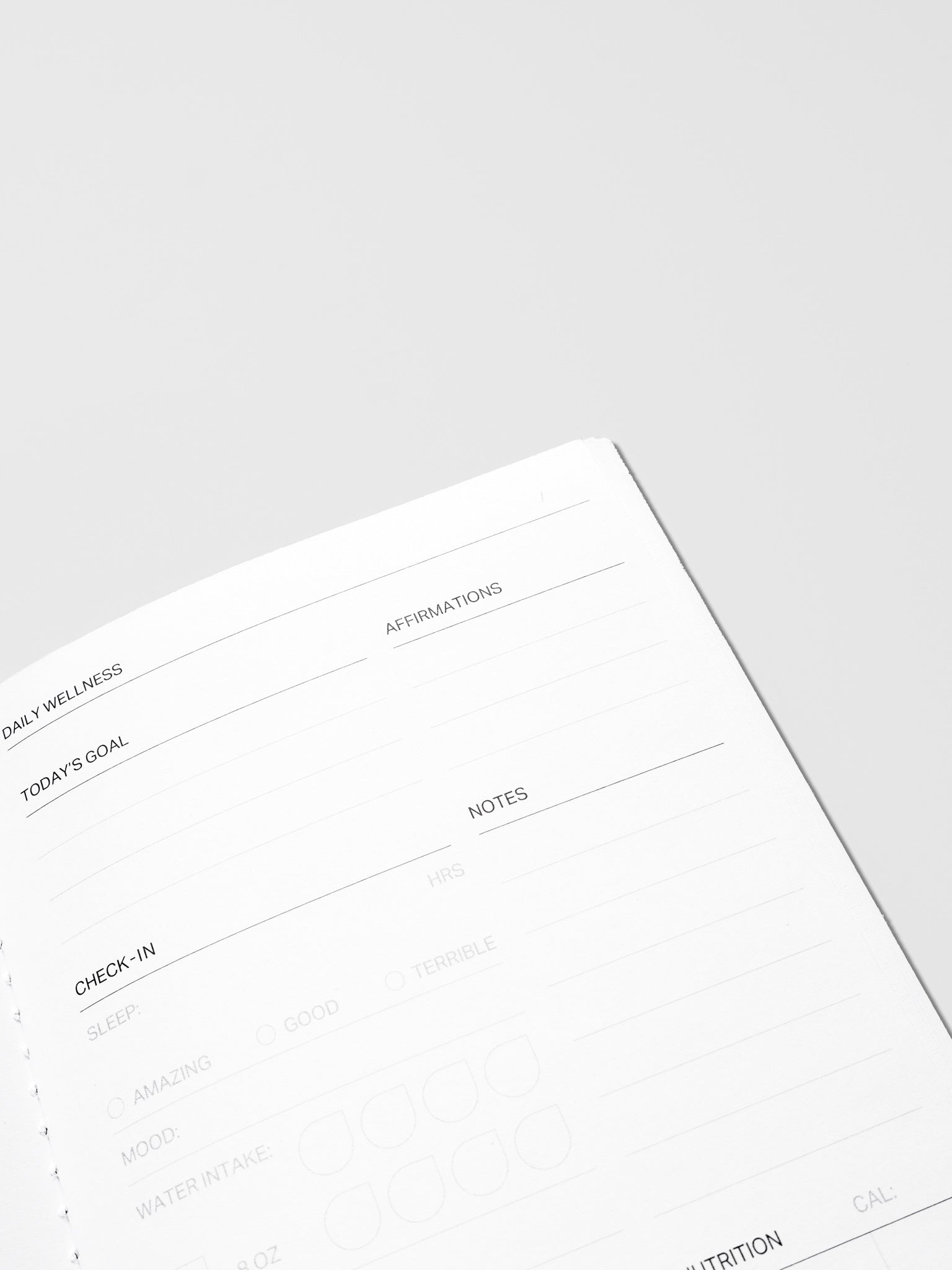 Interior of Daily Wellness Travel Notebook in size Pocket Plus displaying sections for goals, affirmations, check-ins, notes, activity, and time.